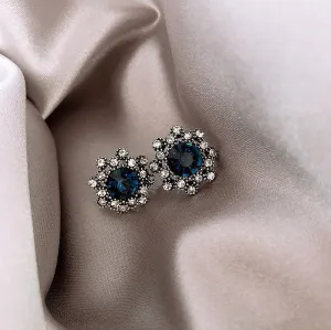 E1520 - Flower crystal rhinestone sapphire earrings