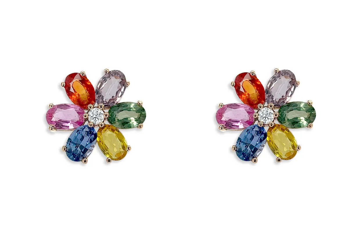 Earrings 18kt Gold Multicolor Oval Insignia Flowers & Diamonds