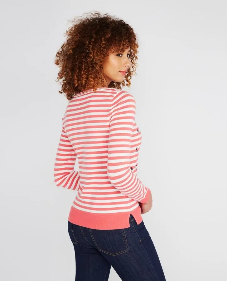 Embroidered Coral Floral Stripe Sweater