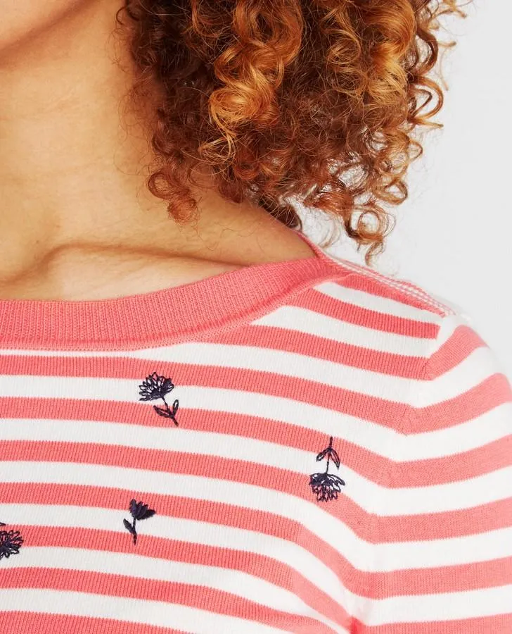 Embroidered Coral Floral Stripe Sweater