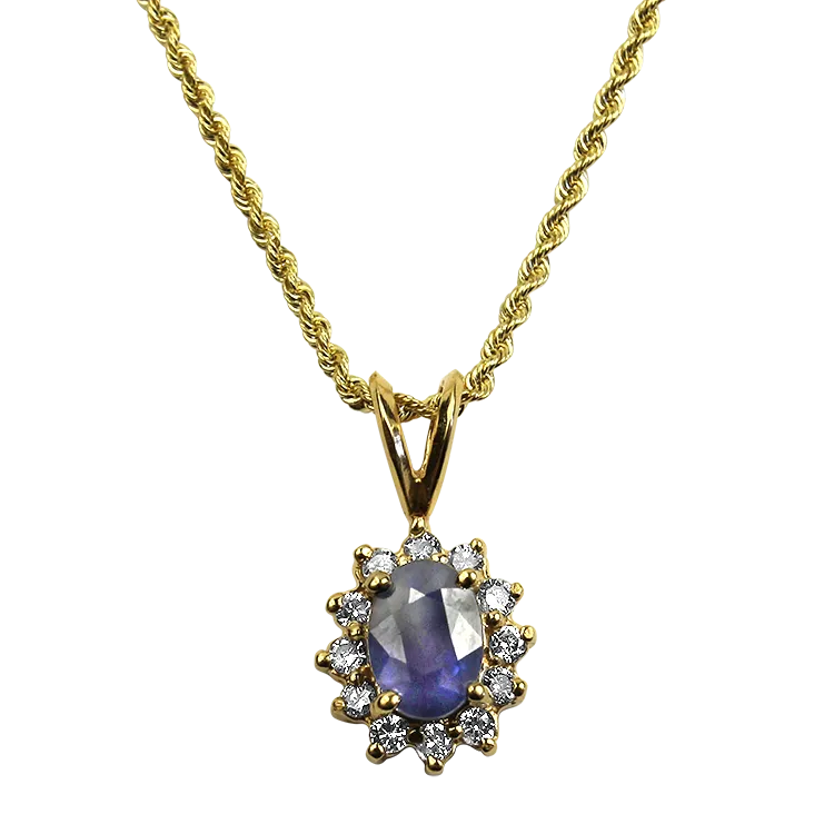 Estate 14k Yellow Gold Sapphire & Diamond Halo Pendant Necklace