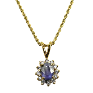 Estate 14k Yellow Gold Sapphire & Diamond Halo Pendant Necklace