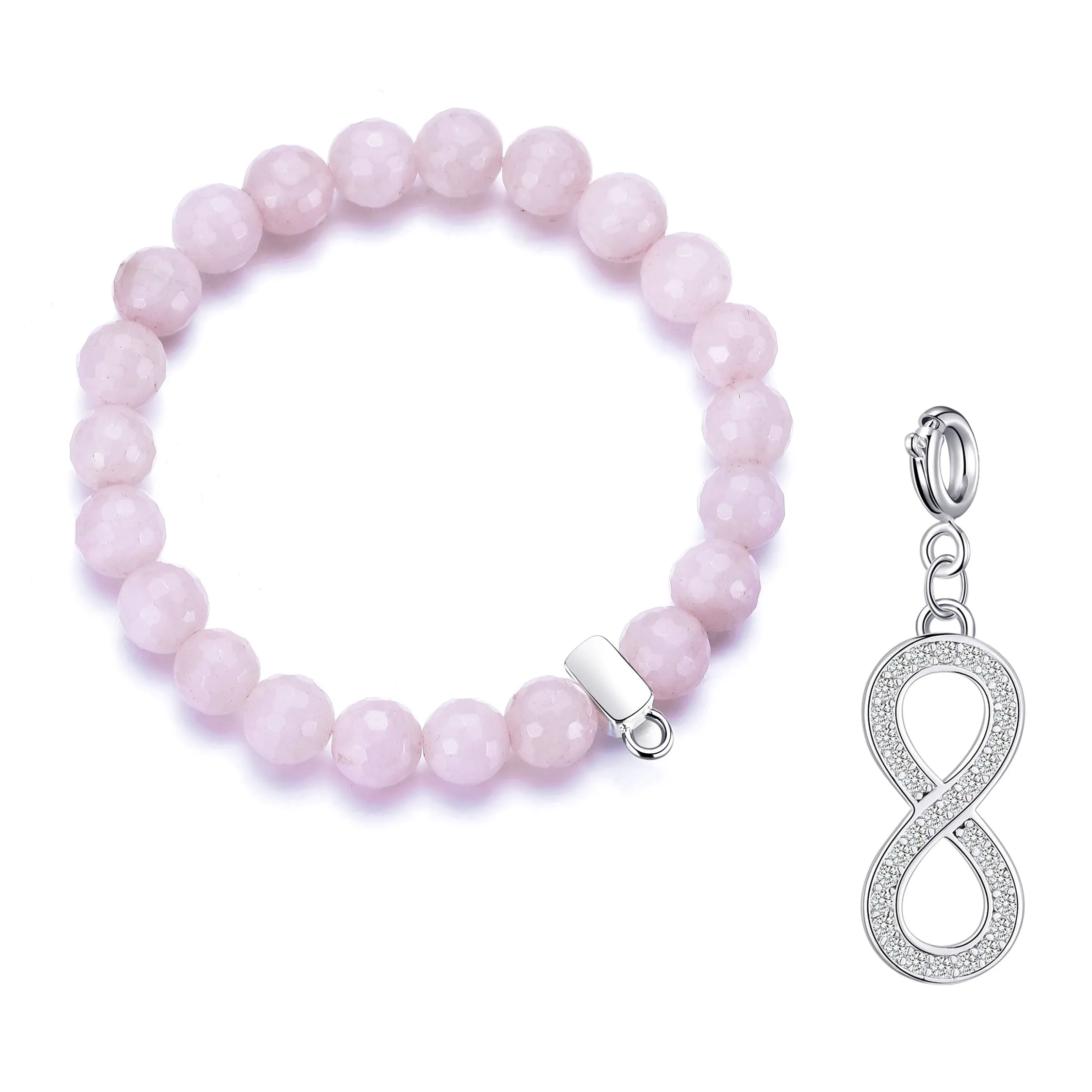 Faceted Rose Quartz Gemstone Stretch Bracelet with Charm Created with Zircondia® Crystals