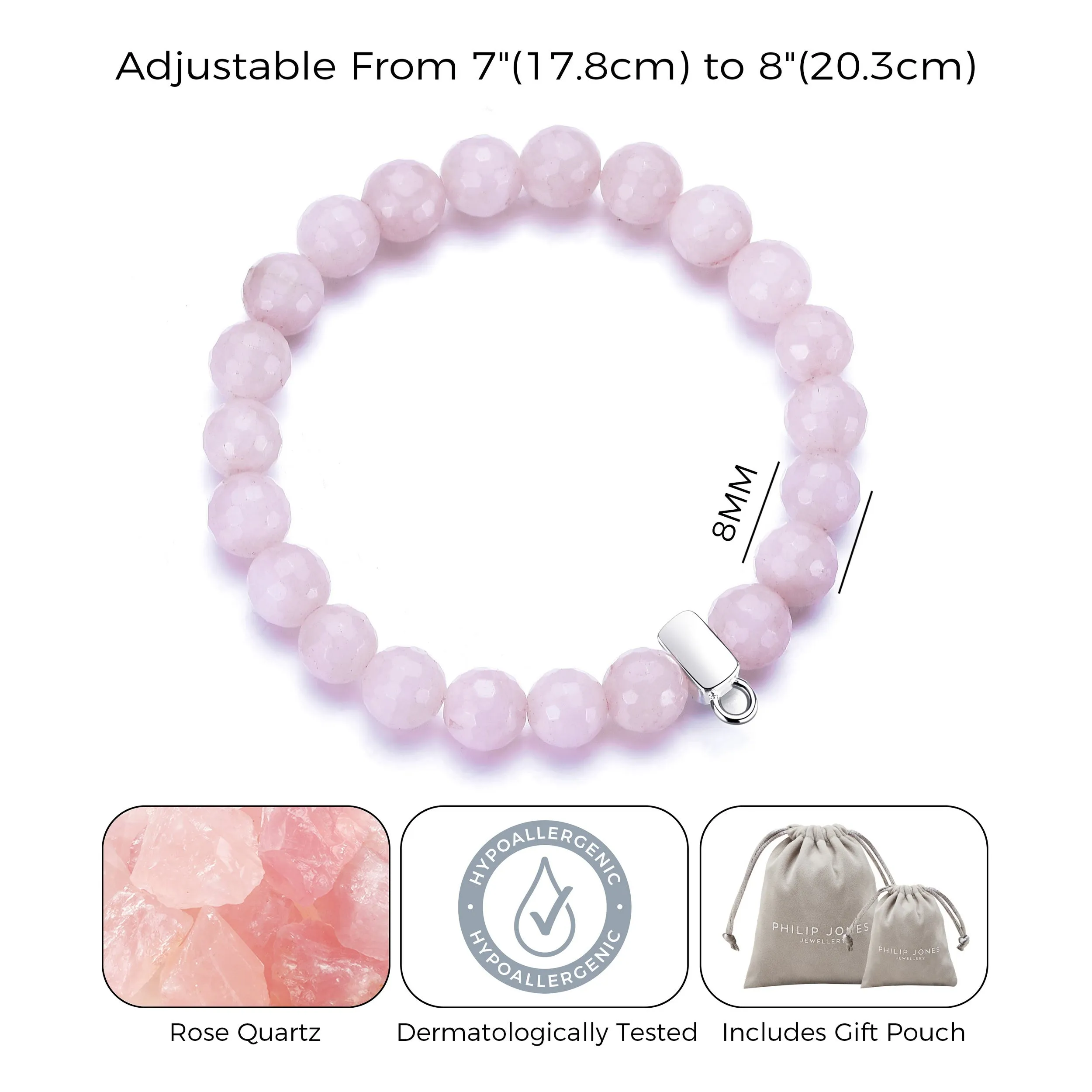 Faceted Rose Quartz Gemstone Stretch Bracelet with Charm Created with Zircondia® Crystals