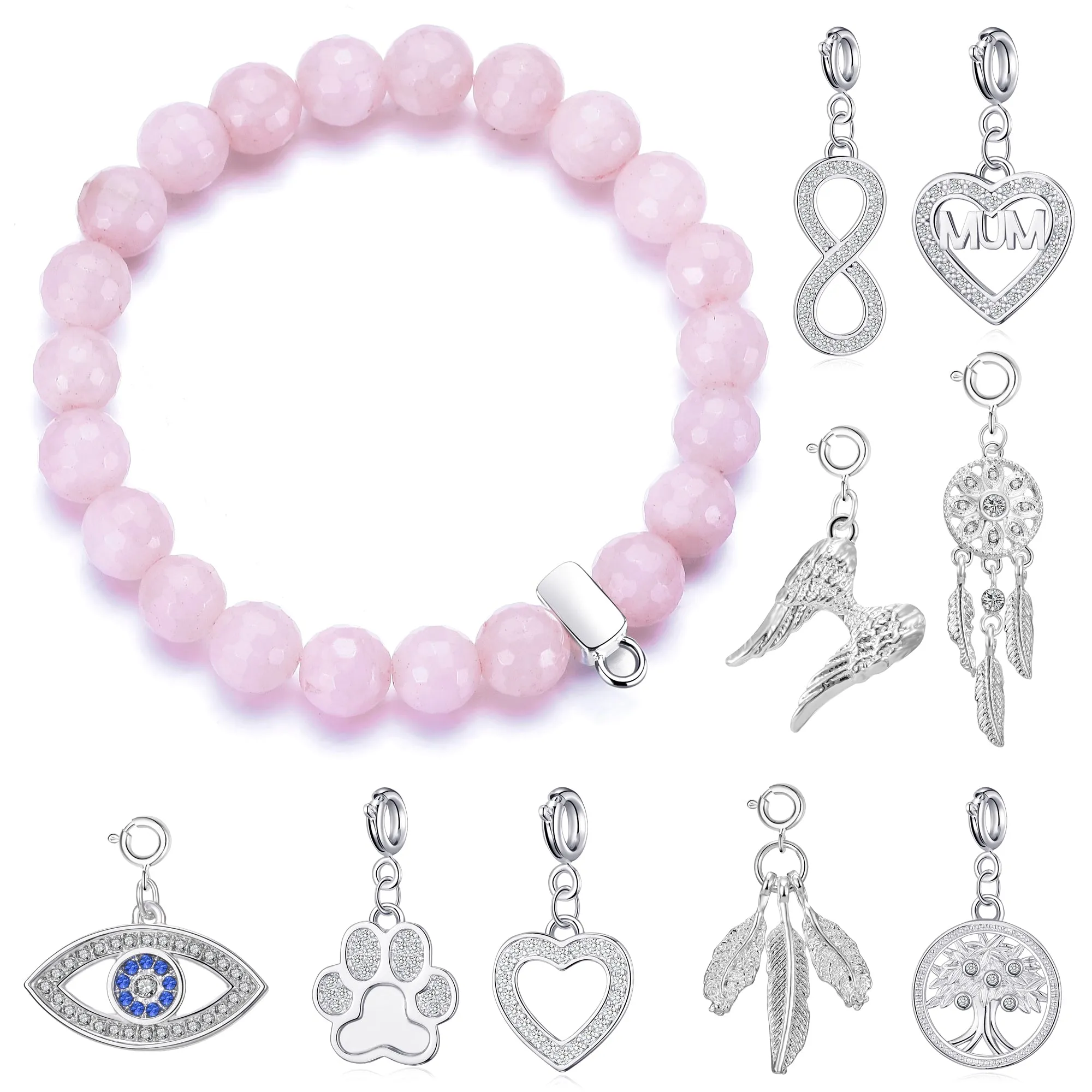 Faceted Rose Quartz Gemstone Stretch Bracelet with Charm Created with Zircondia® Crystals