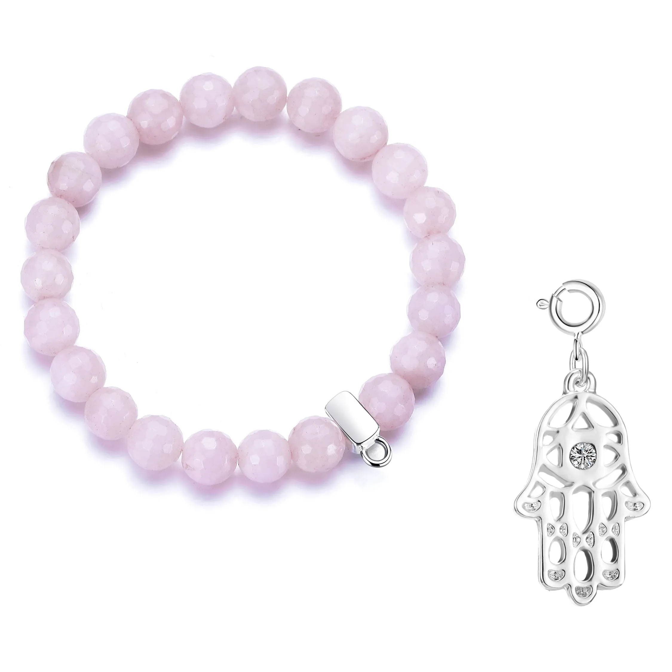 Faceted Rose Quartz Gemstone Stretch Bracelet with Charm Created with Zircondia® Crystals