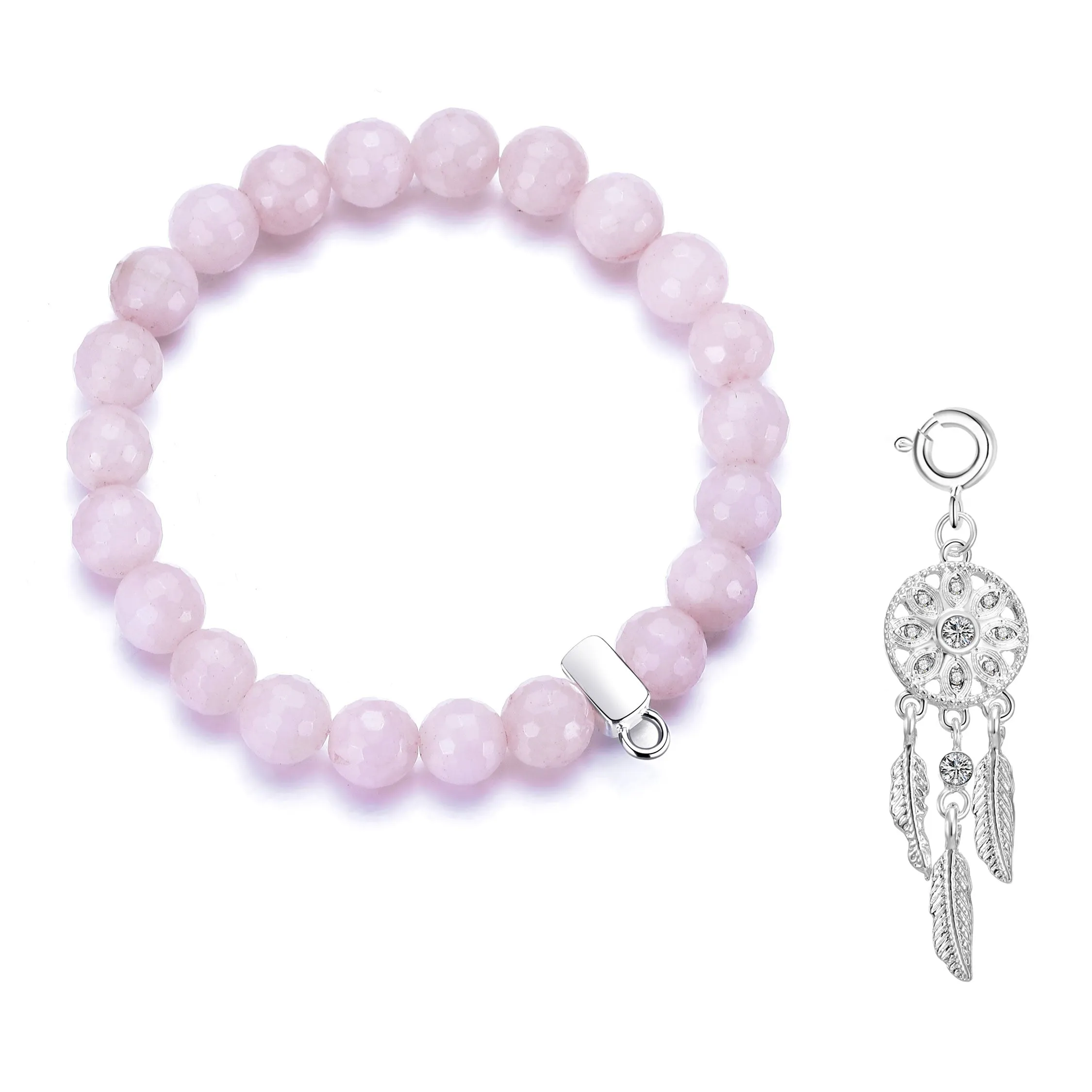 Faceted Rose Quartz Gemstone Stretch Bracelet with Charm Created with Zircondia® Crystals