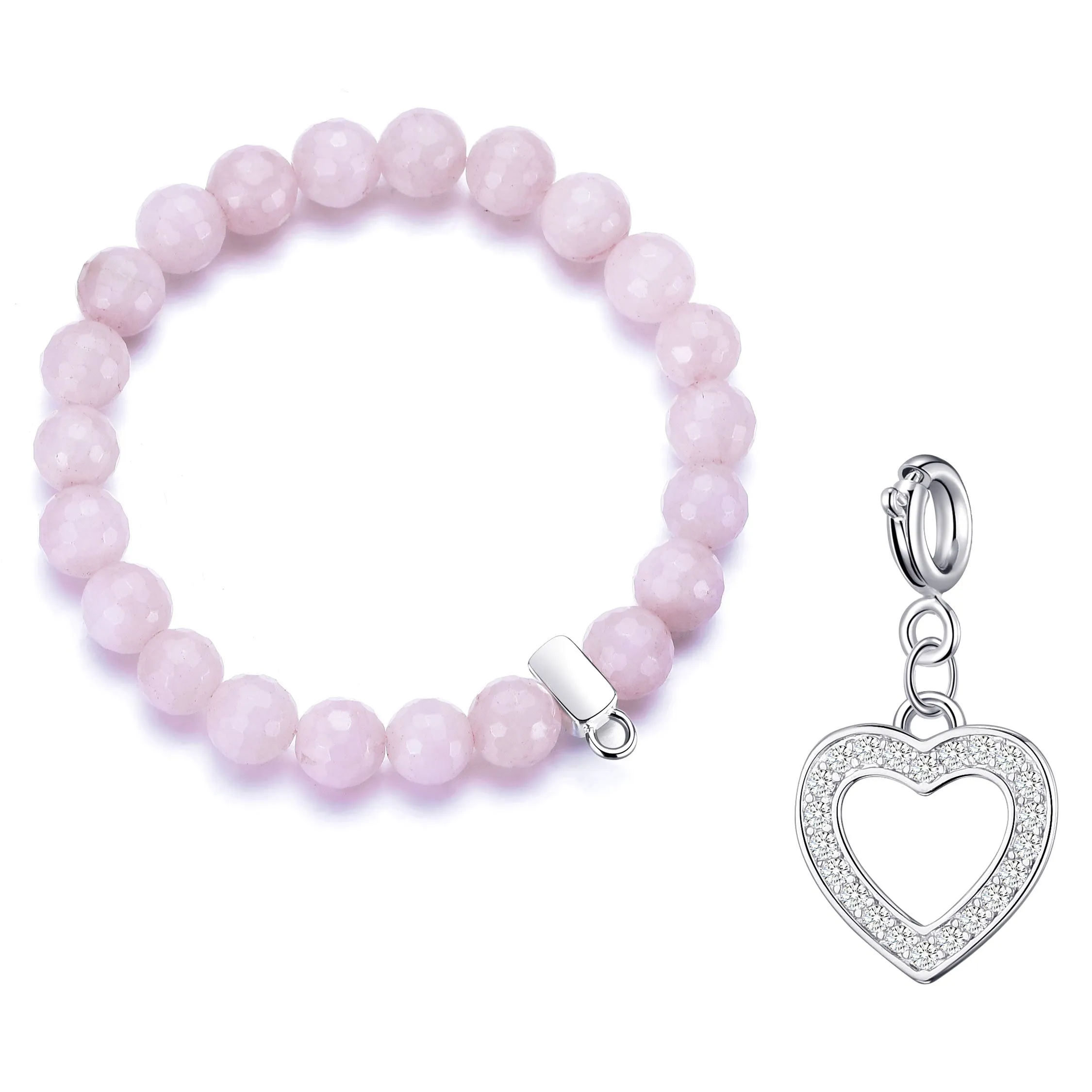 Faceted Rose Quartz Gemstone Stretch Bracelet with Charm Created with Zircondia® Crystals