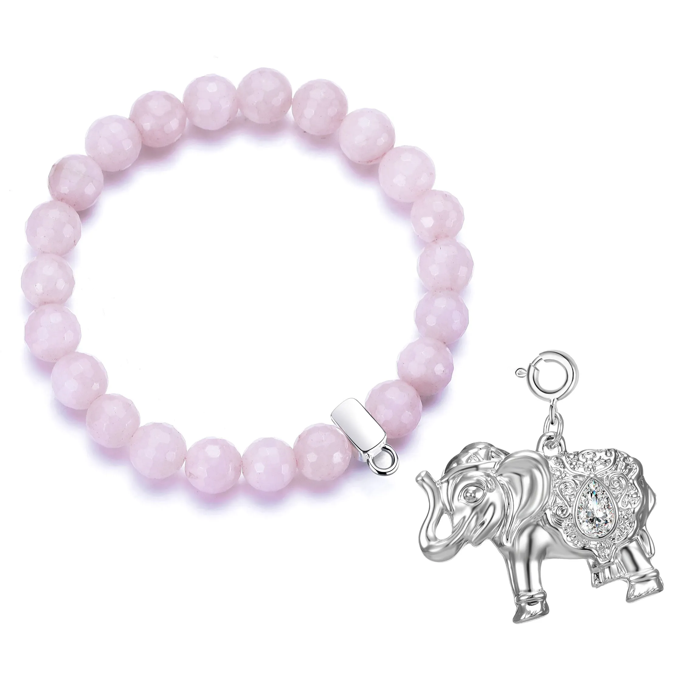 Faceted Rose Quartz Gemstone Stretch Bracelet with Charm Created with Zircondia® Crystals