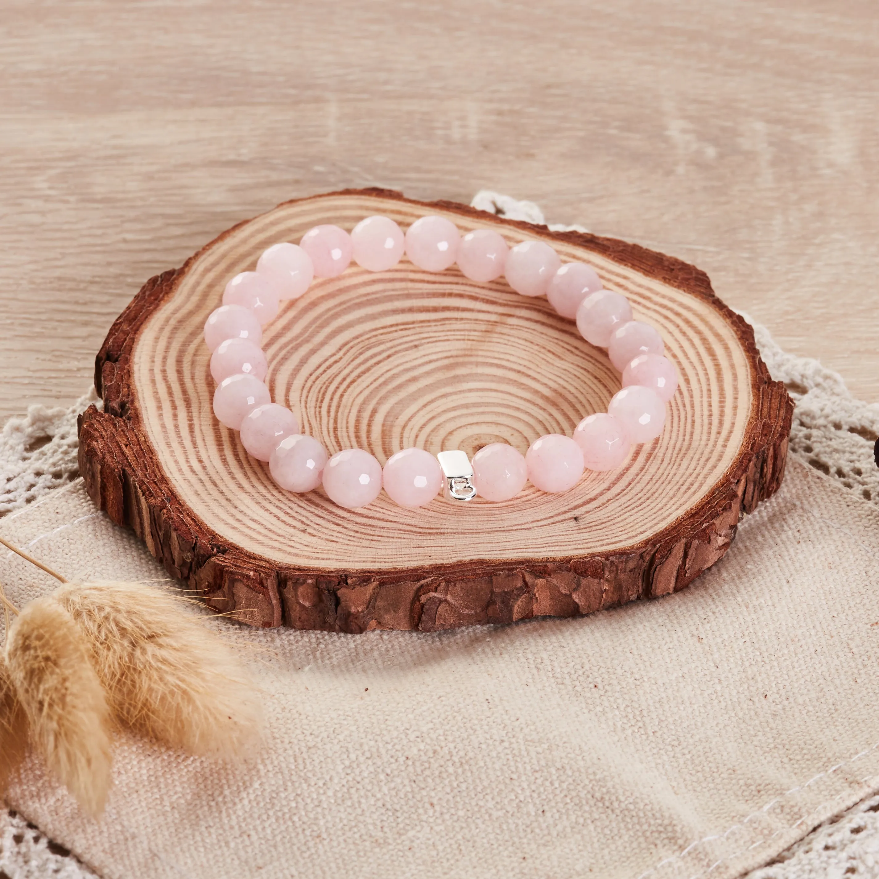 Faceted Rose Quartz Gemstone Stretch Bracelet with Charm Created with Zircondia® Crystals