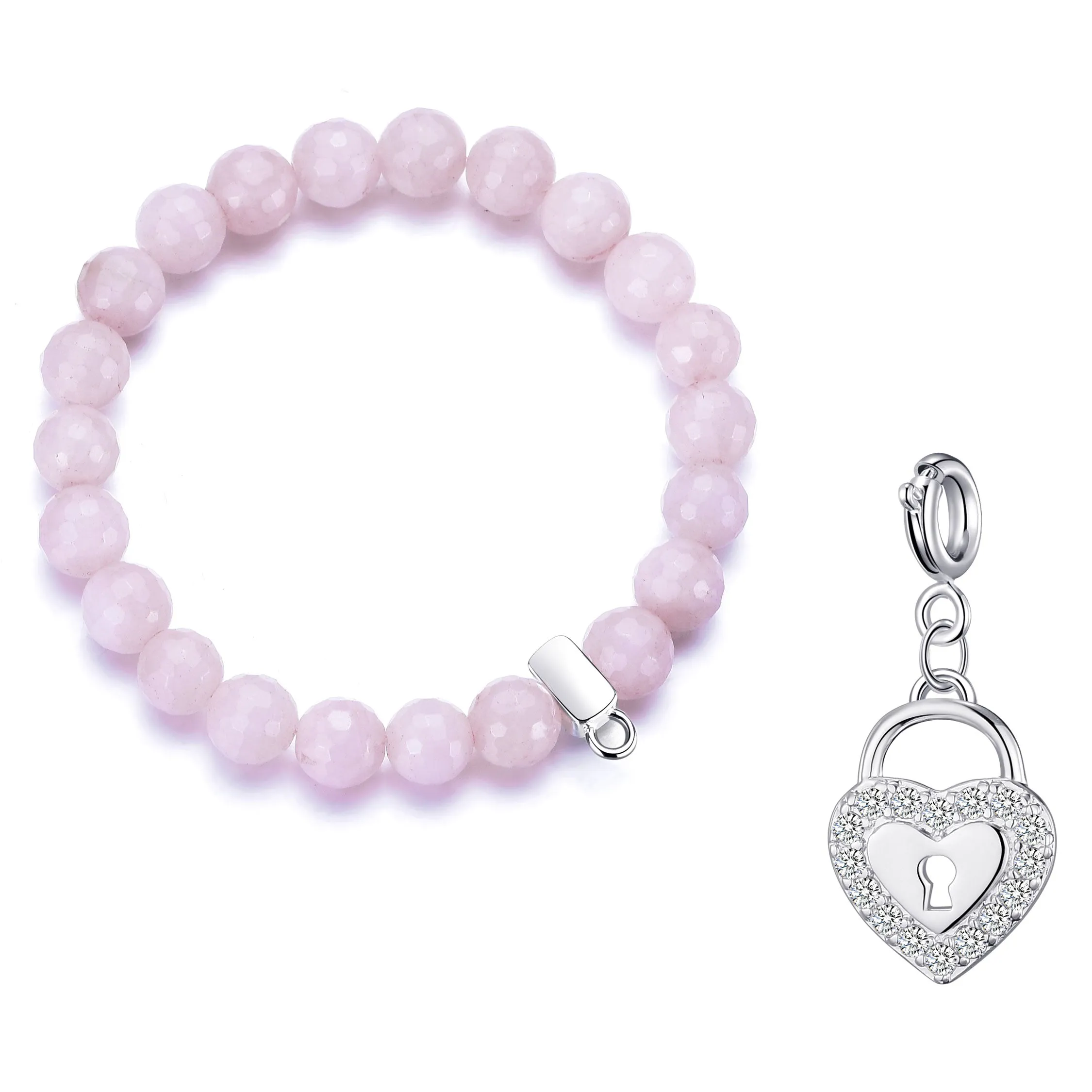 Faceted Rose Quartz Gemstone Stretch Bracelet with Charm Created with Zircondia® Crystals