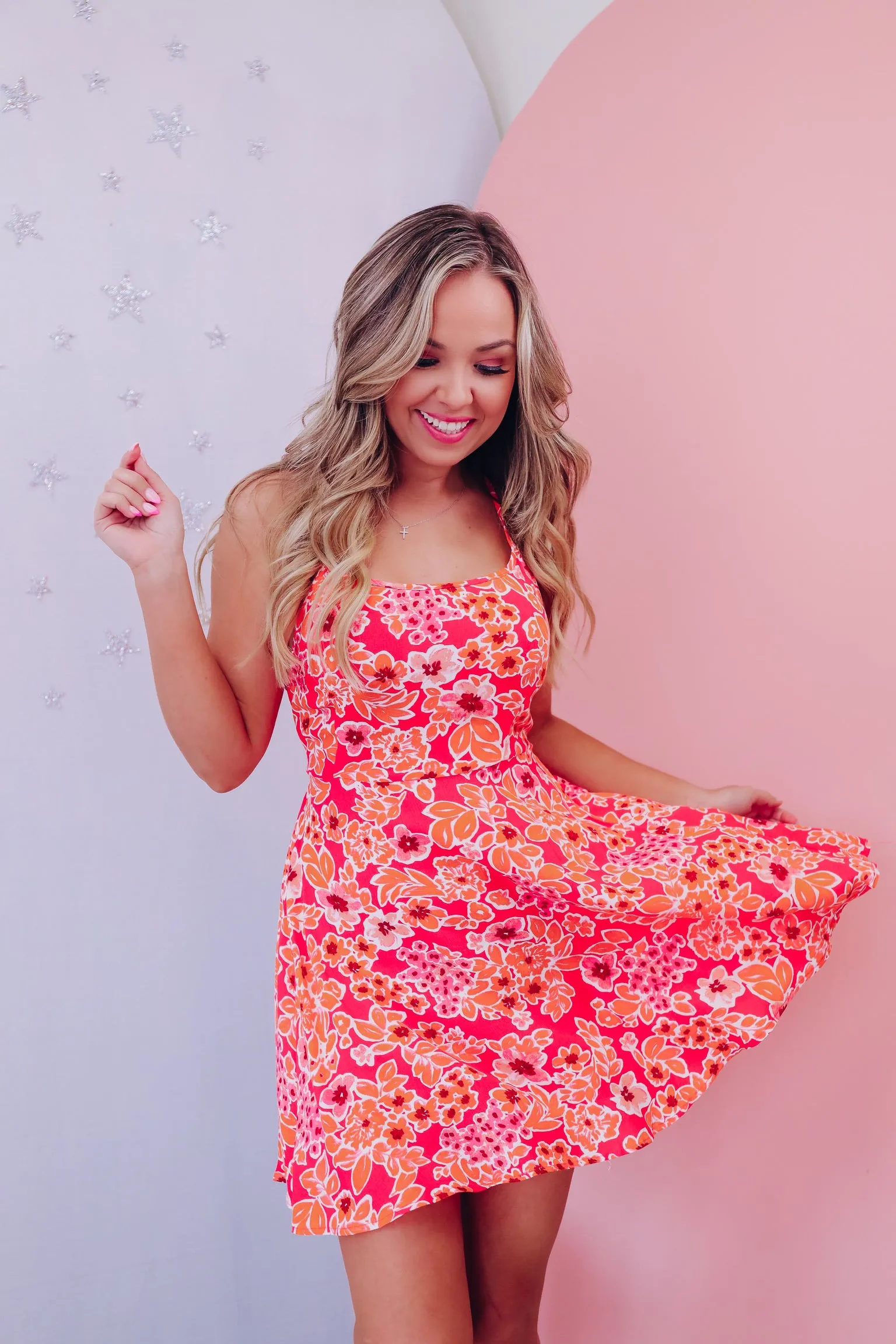 Fae Floral Print Sun Dress - Coral