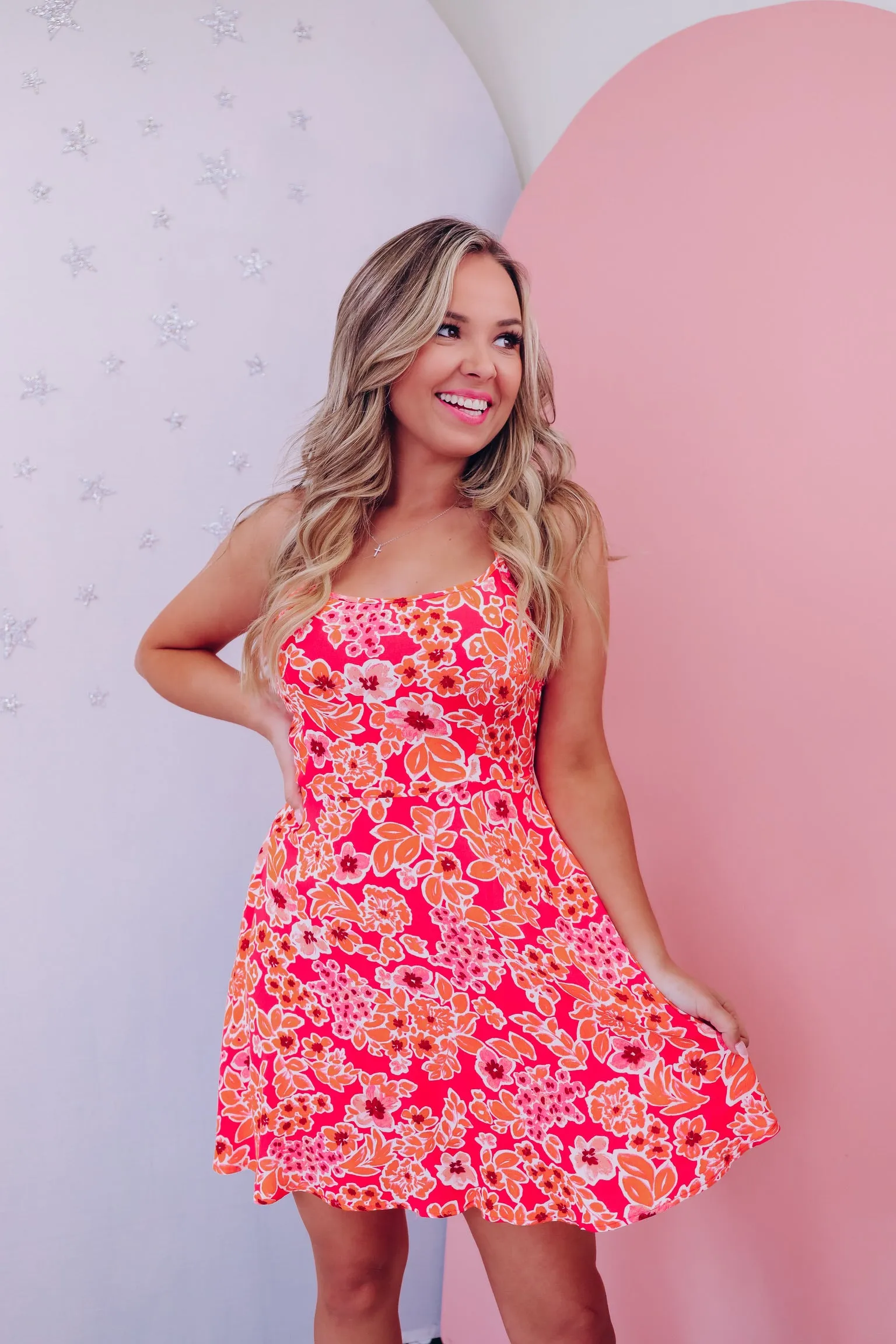 Fae Floral Print Sun Dress - Coral