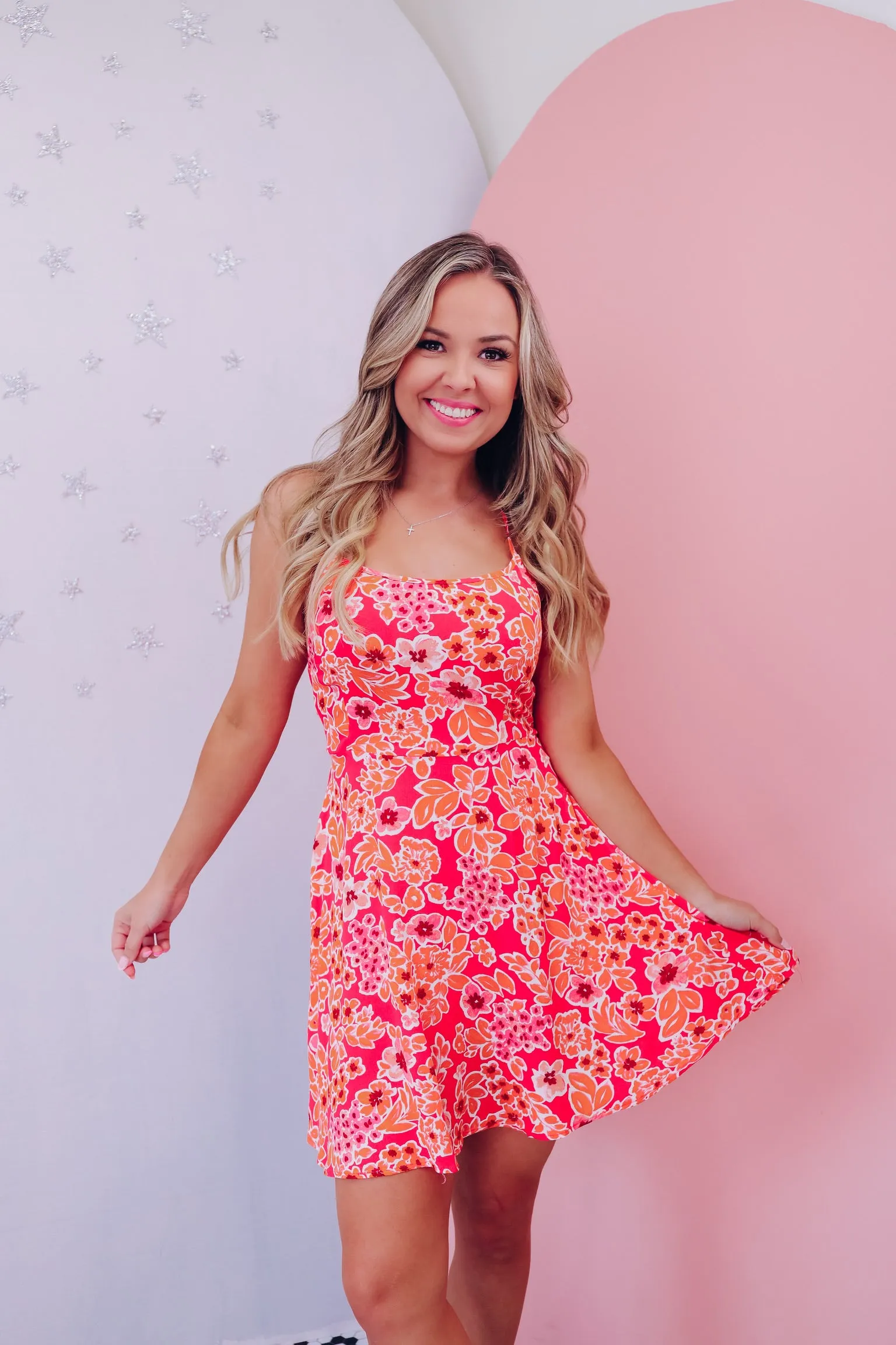 Fae Floral Print Sun Dress - Coral