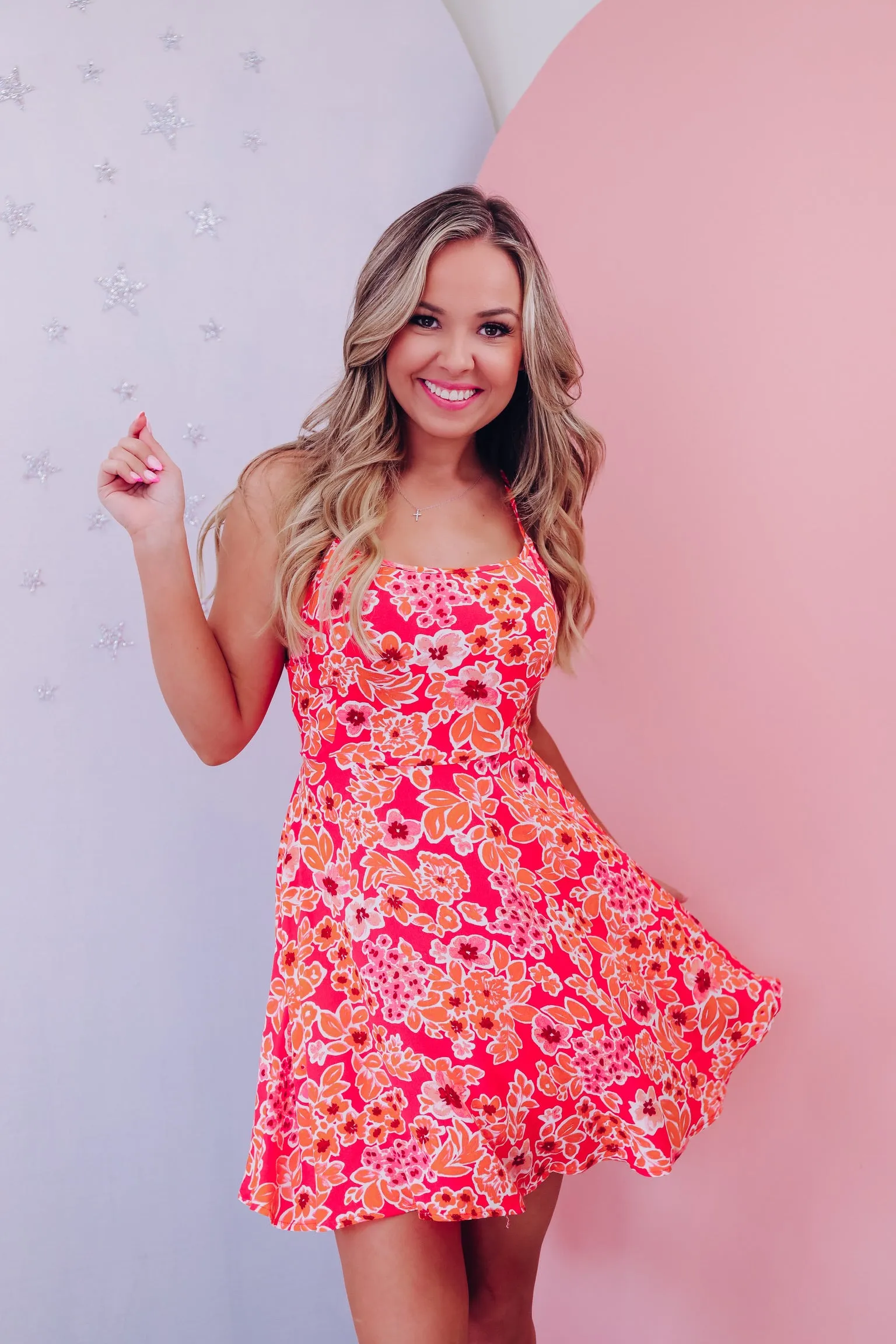 Fae Floral Print Sun Dress - Coral