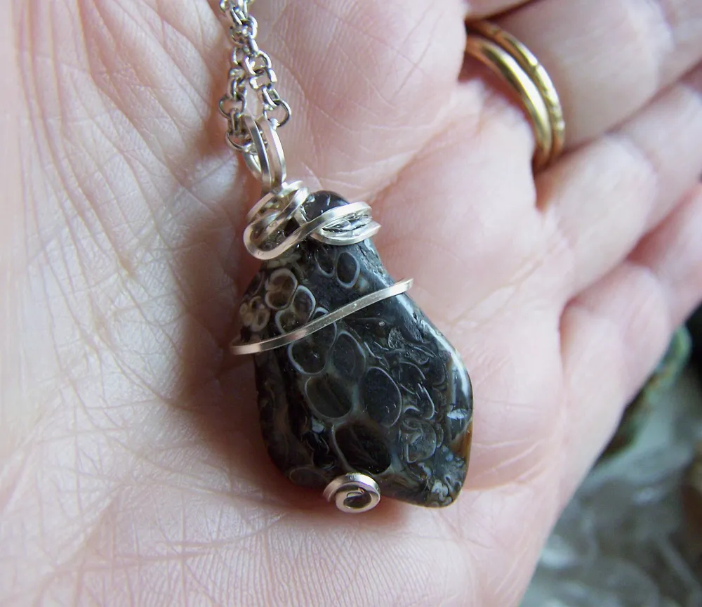 Fossil Shell Natural Agate Wire Wrapped Stone Pendant