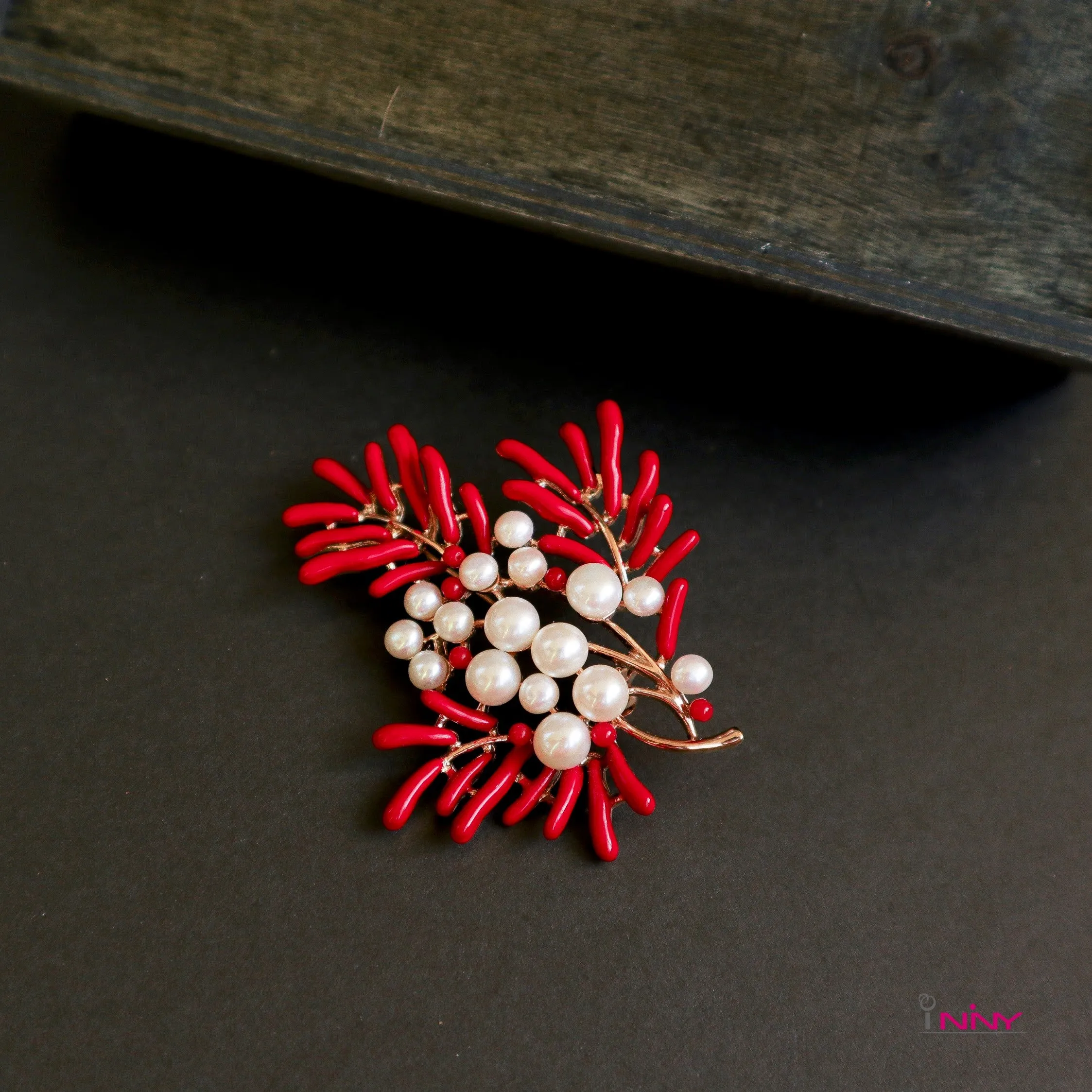 Fresh Water Pearl in Coral Like Brooch