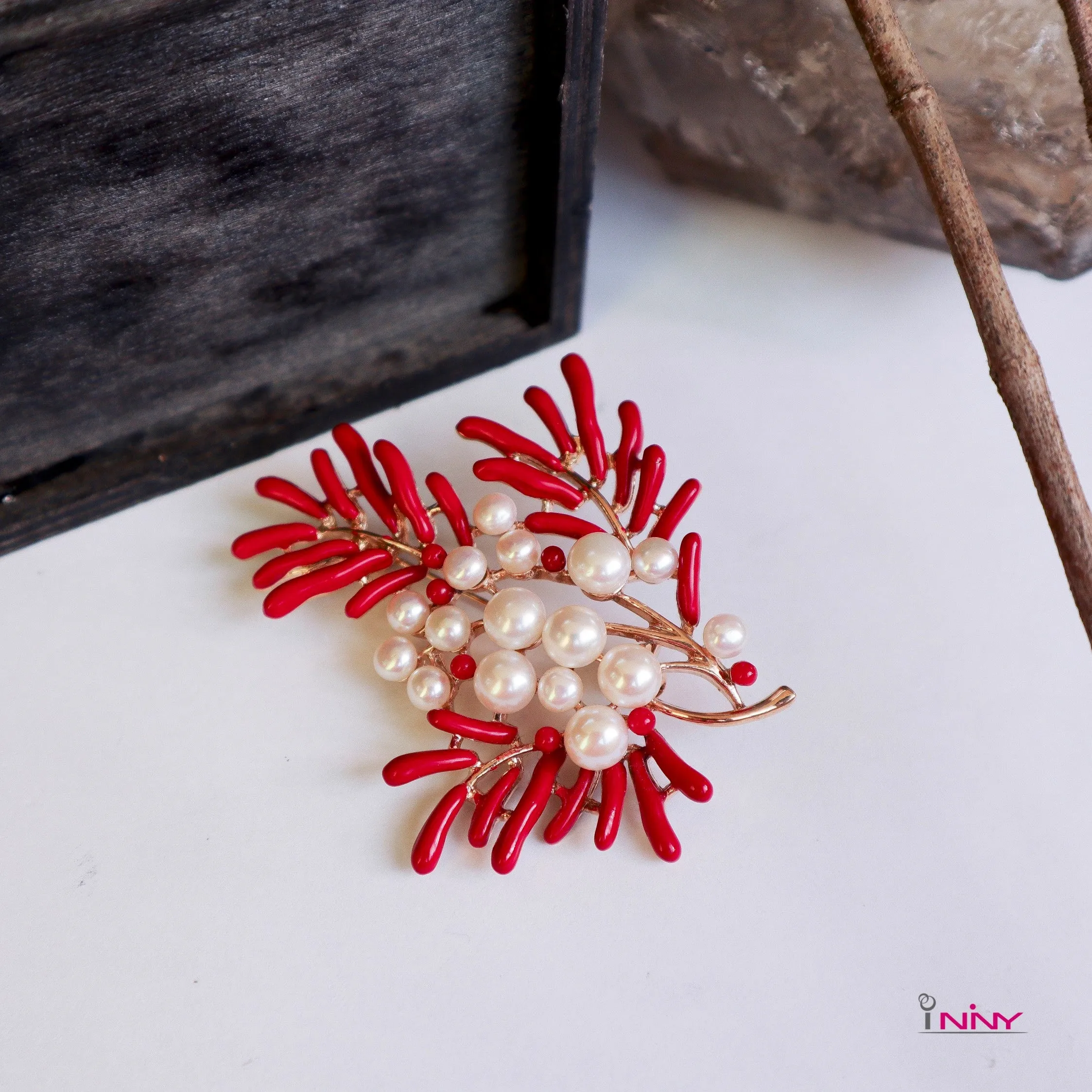 Fresh Water Pearl in Coral Like Brooch