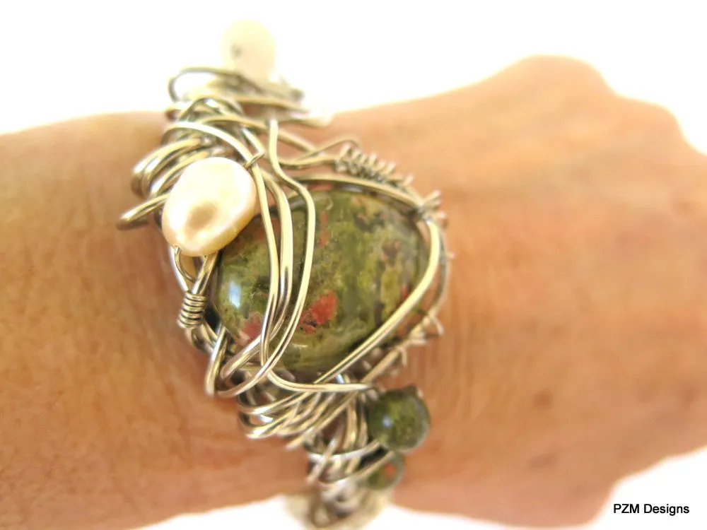 Gemstone Pearl Boho Cuff, Wire Wrapped Unakite Cuff, Gift for Her