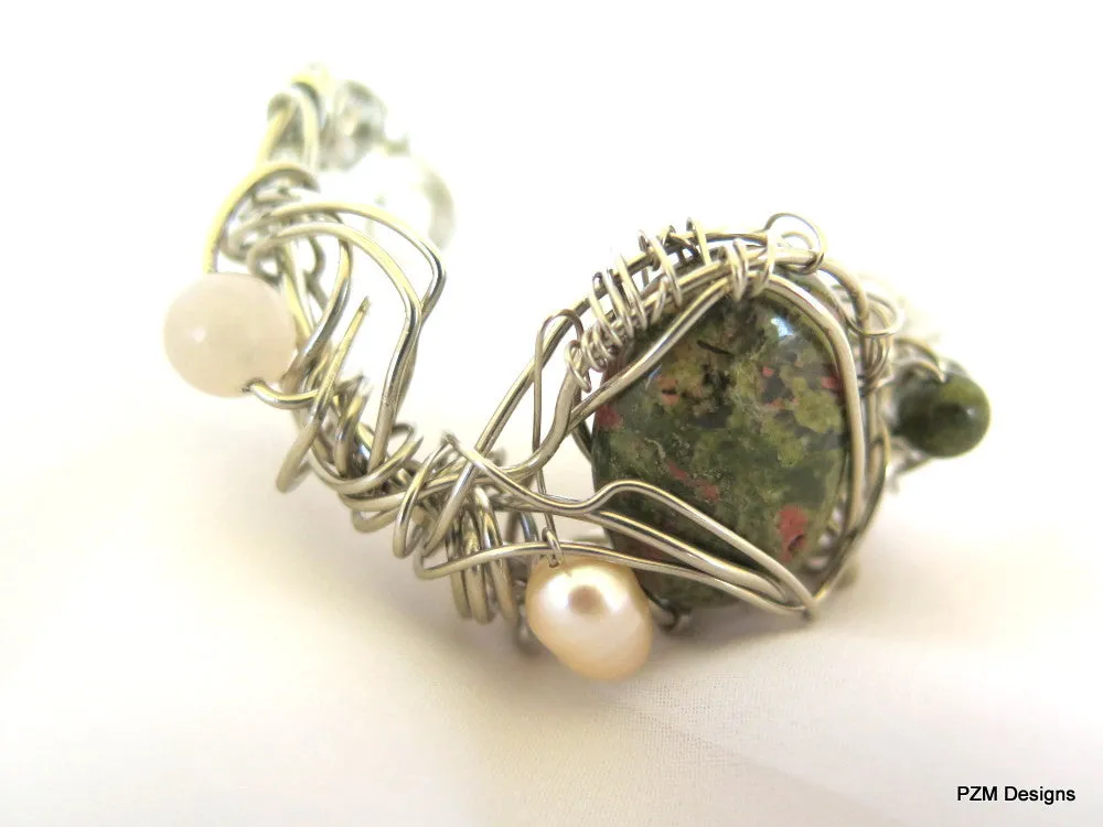 Gemstone Pearl Boho Cuff, Wire Wrapped Unakite Cuff, Gift for Her