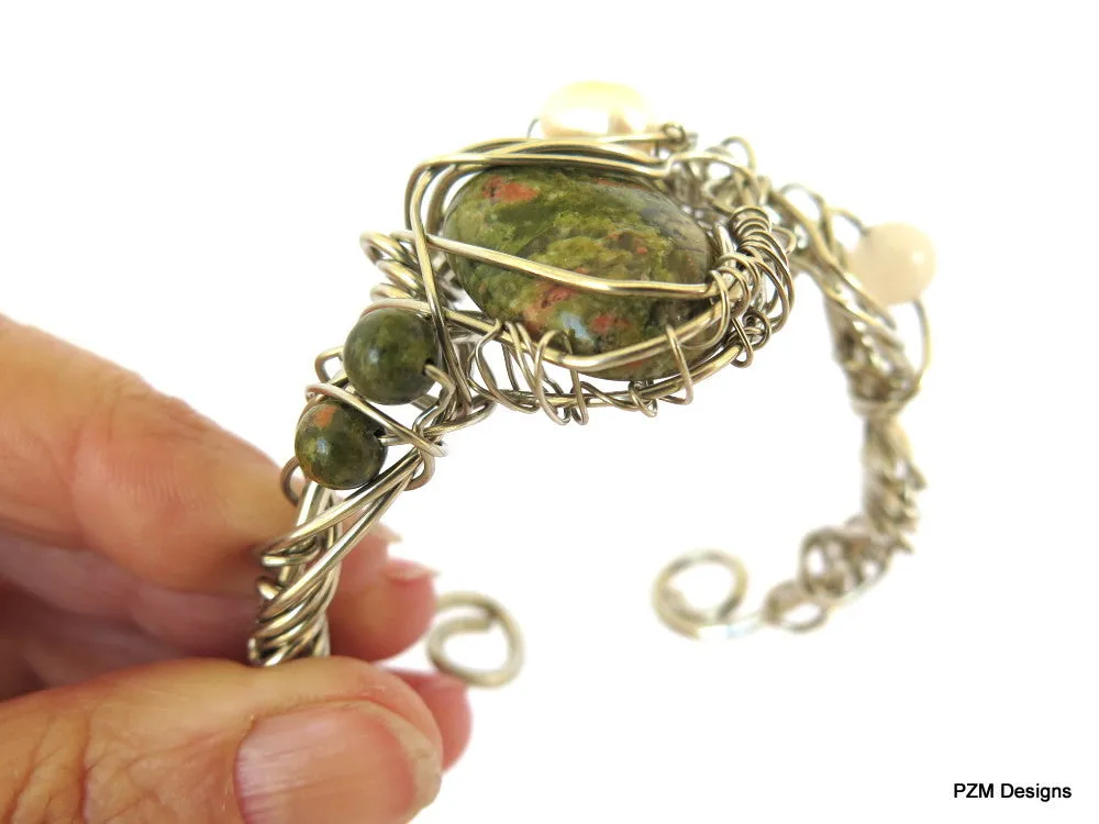 Gemstone Pearl Boho Cuff, Wire Wrapped Unakite Cuff, Gift for Her