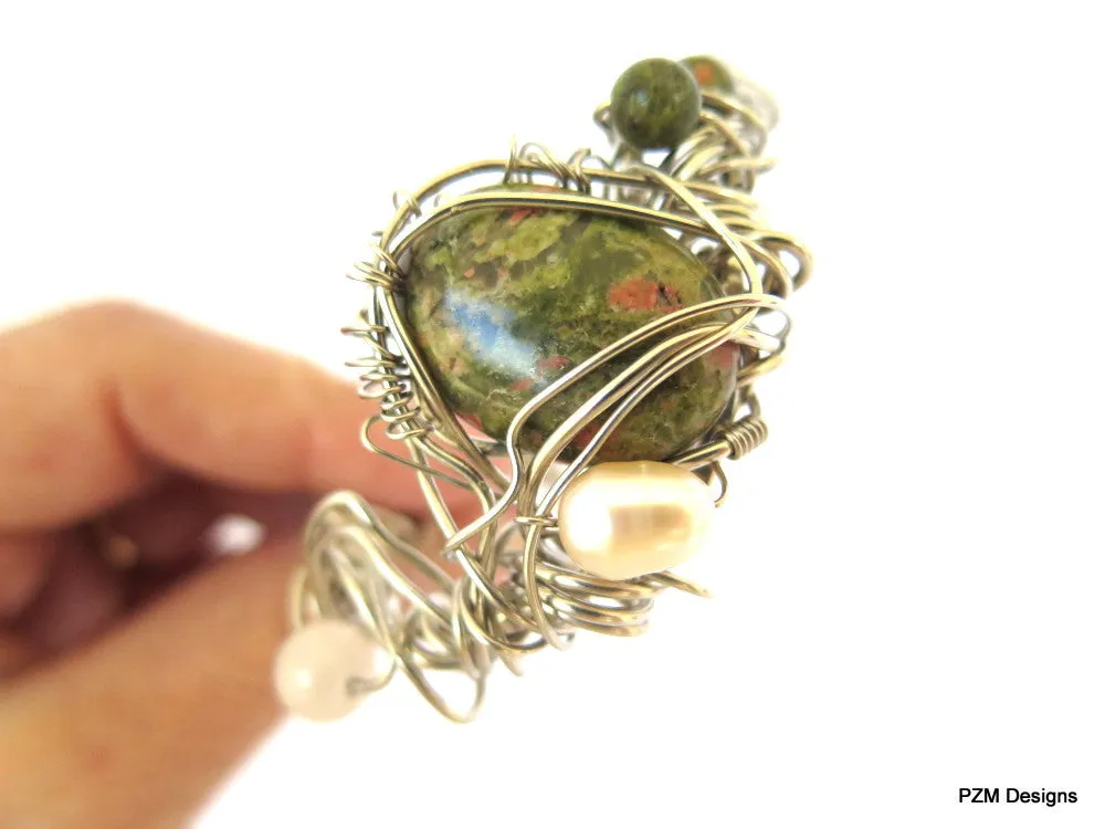 Gemstone Pearl Boho Cuff, Wire Wrapped Unakite Cuff, Gift for Her