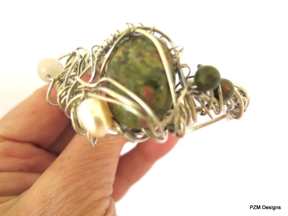 Gemstone Pearl Boho Cuff, Wire Wrapped Unakite Cuff, Gift for Her