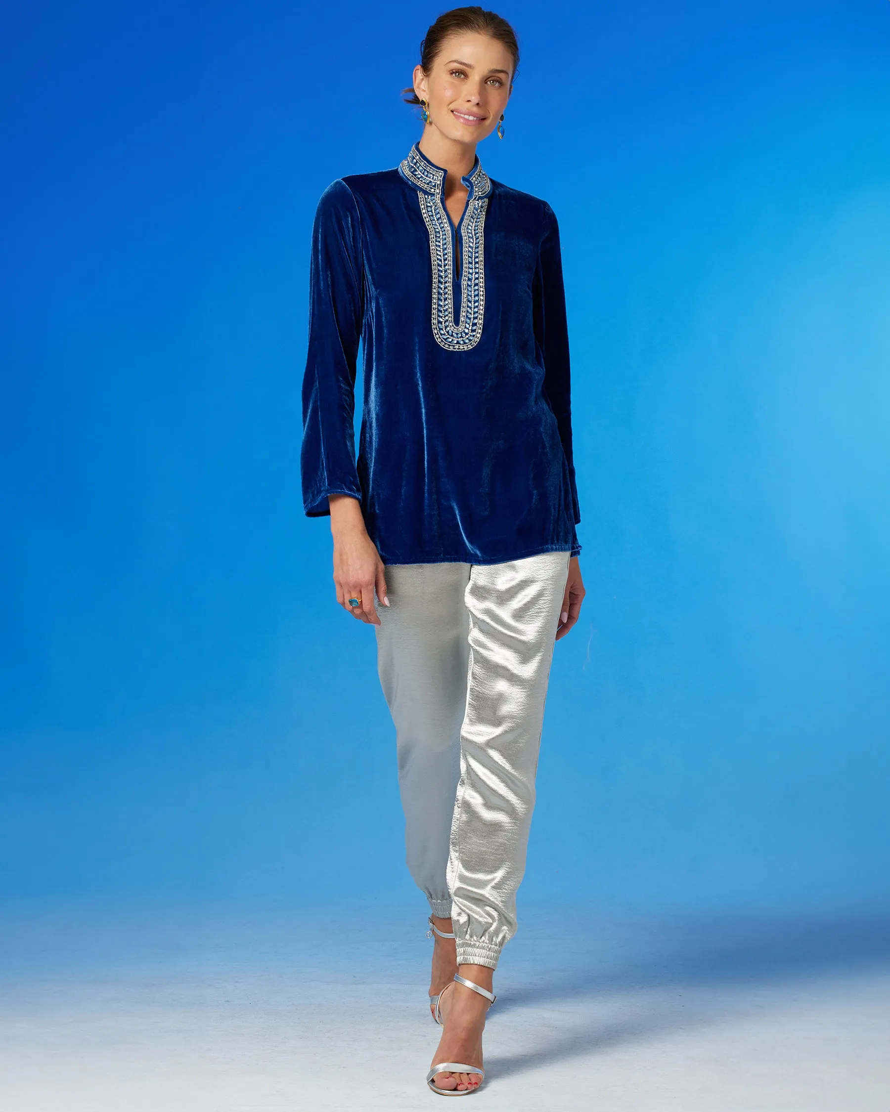 Georgiana Tunic in Navy Silk Blend Velvet and Laurel Embellishment