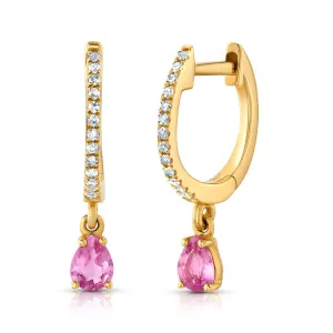 GLAMOROUS PINK SAPPHIRE & DIAMOND DANGLE HUGGIES, 14kt Gold