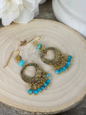 Gold hammered hoops, turquoise stone, earrings, jewelry