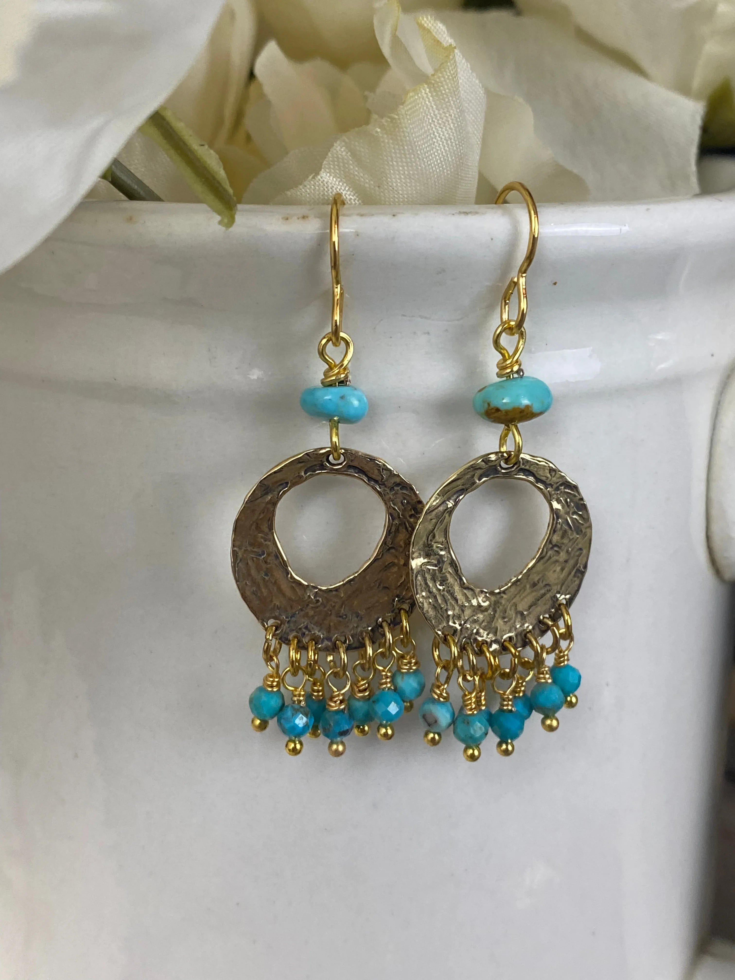 Gold hammered hoops, turquoise stone, earrings, jewelry