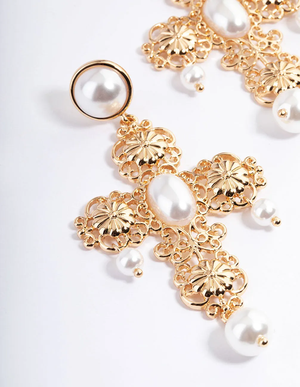 Gold Pearl Filigree Statement Cross Earrings