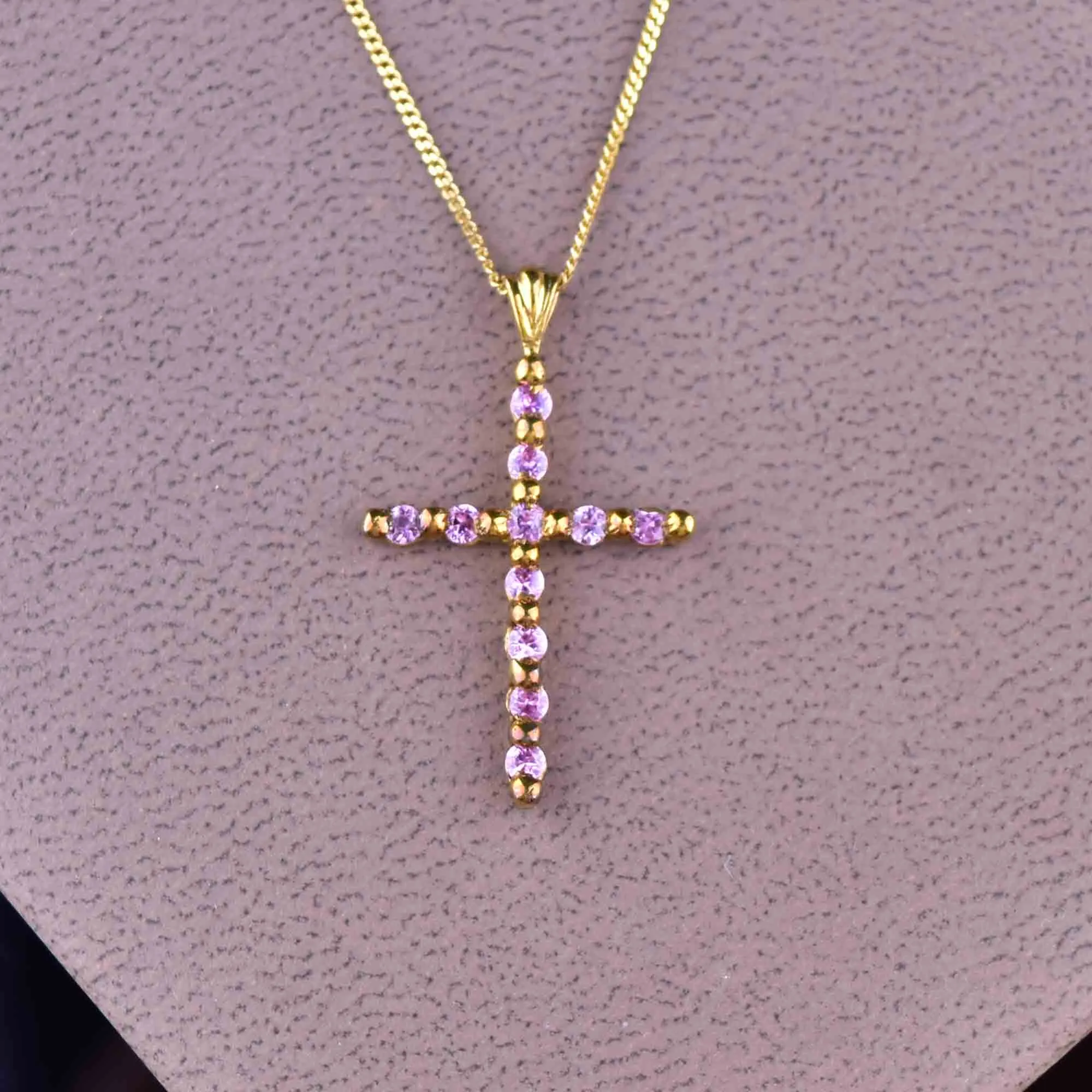 Gold Pink Sapphire Cross Pendant Necklace