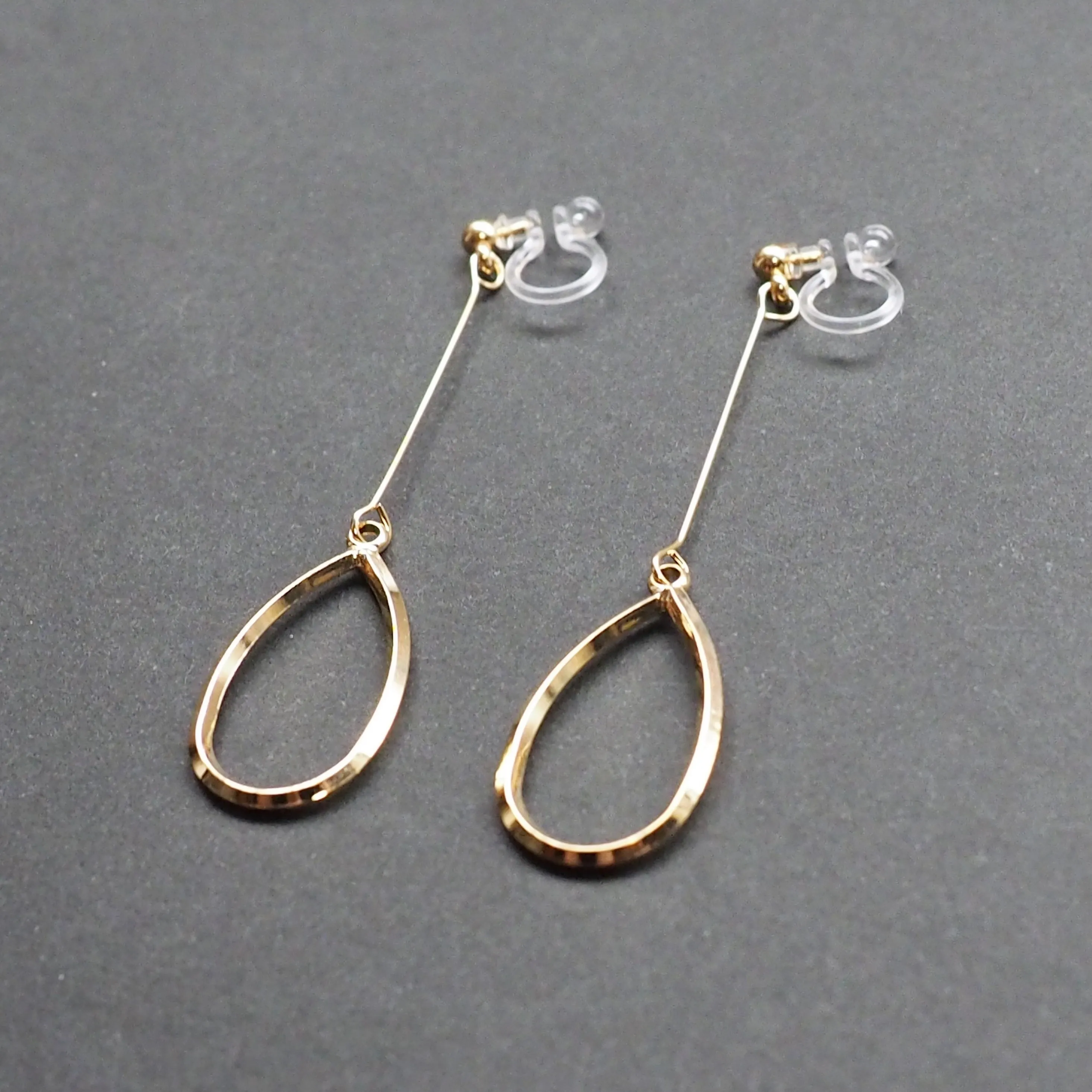 Gold teardrop hoop dangle invisible clip on earrings