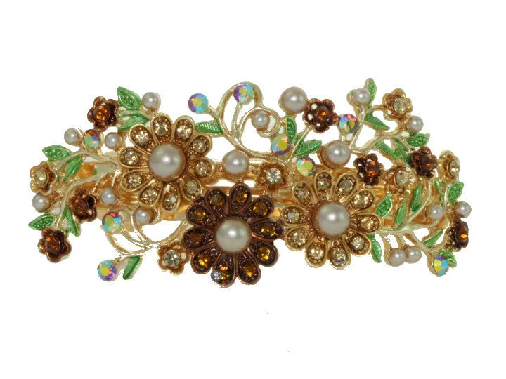 Golden bronze hair barrette clip with champagne color imitation pearls and crystals