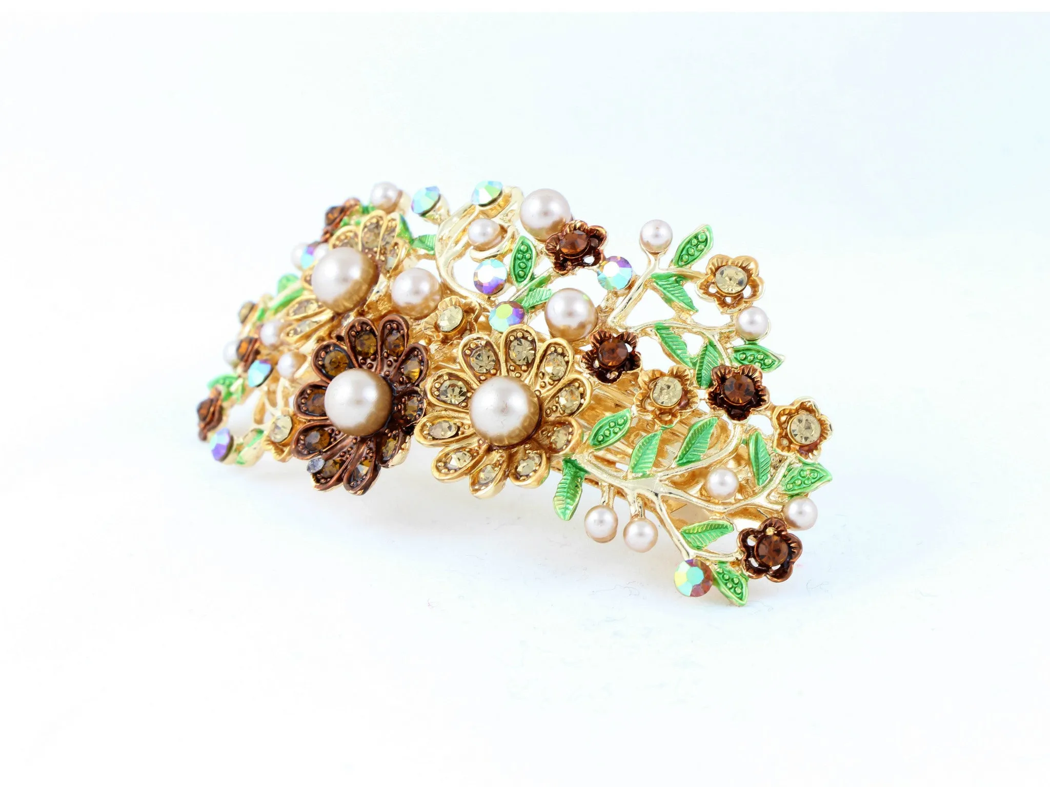 Golden bronze hair barrette clip with champagne color imitation pearls and crystals