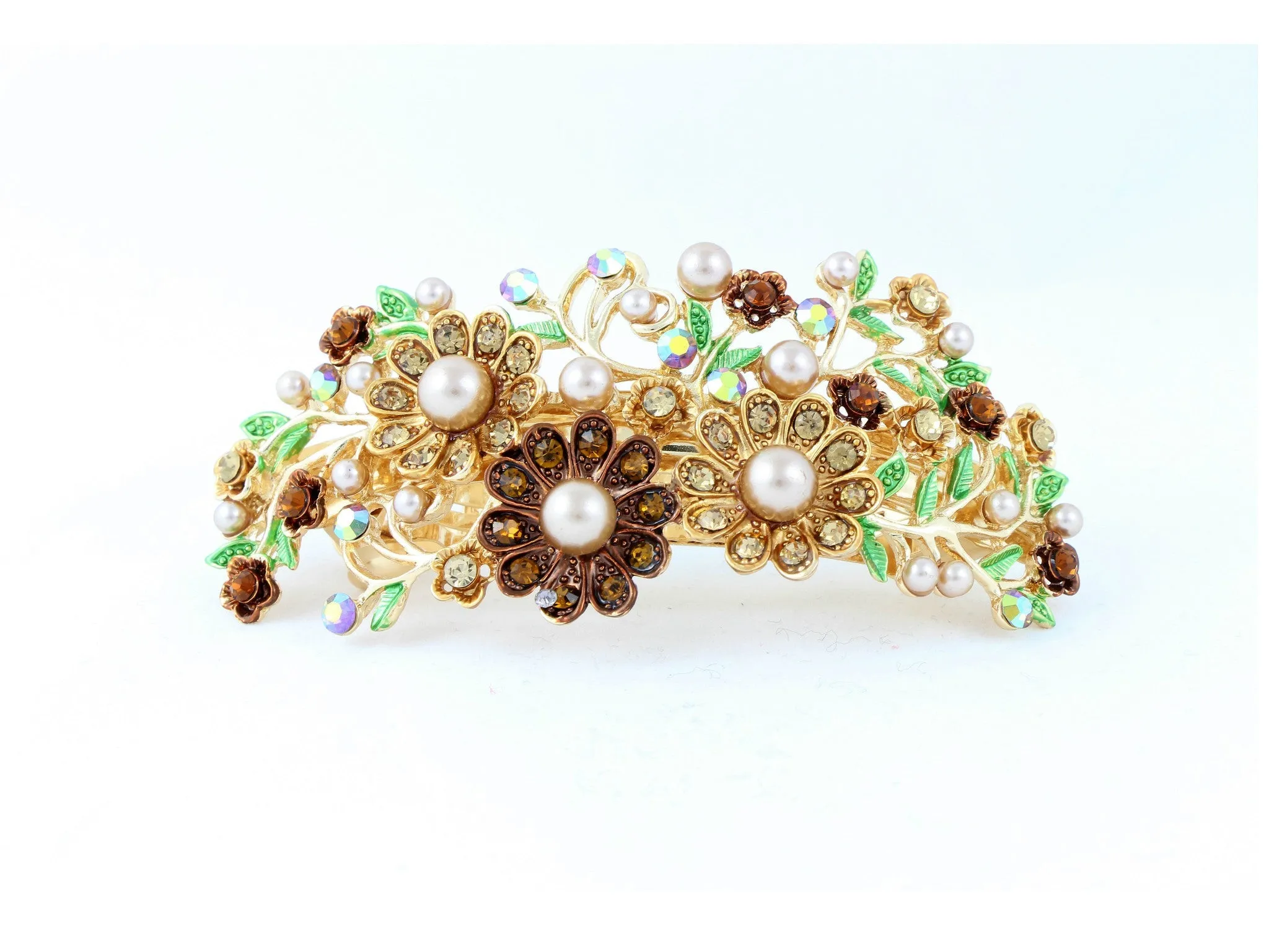 Golden bronze hair barrette clip with champagne color imitation pearls and crystals