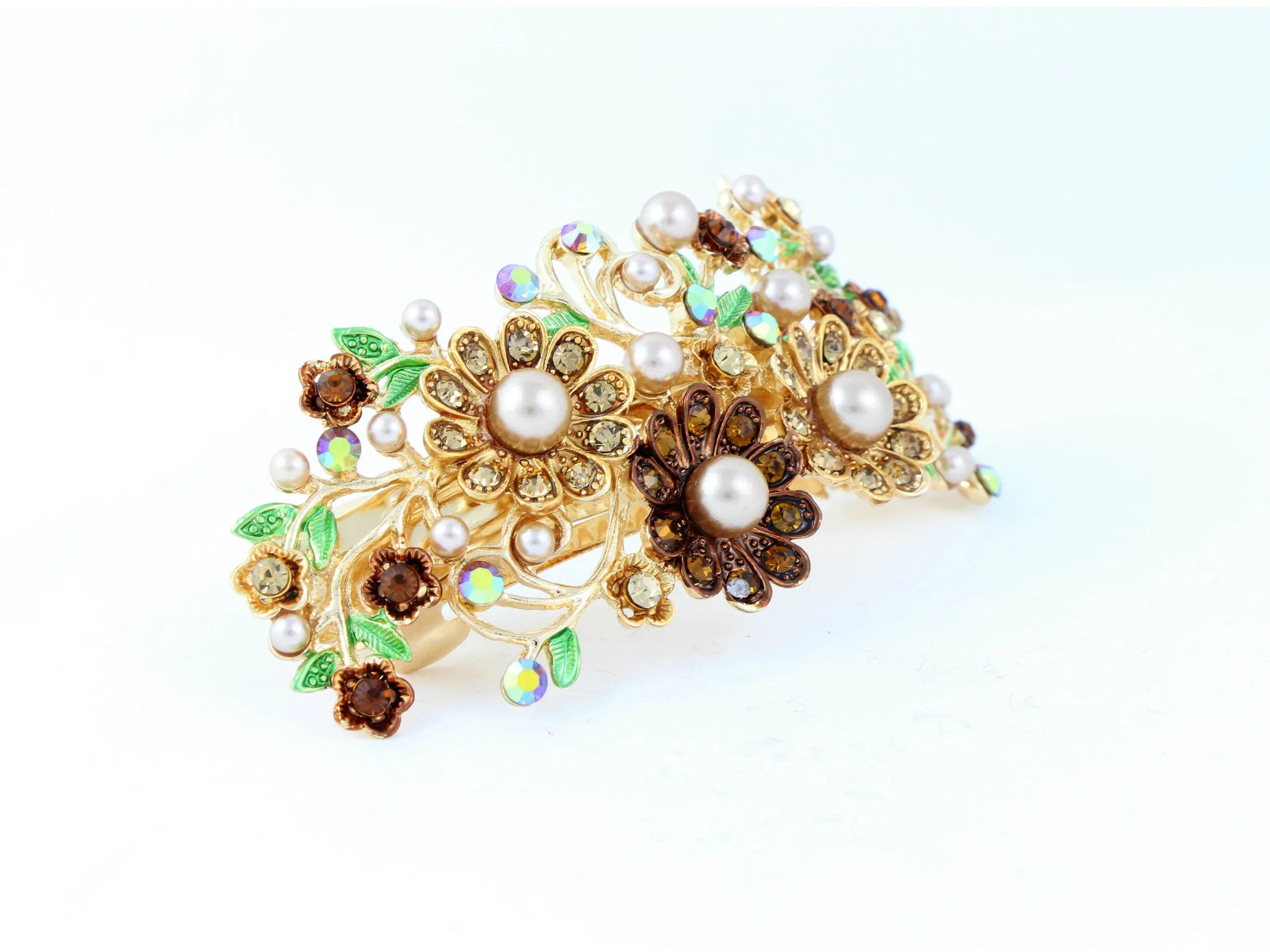 Golden bronze hair barrette clip with champagne color imitation pearls and crystals