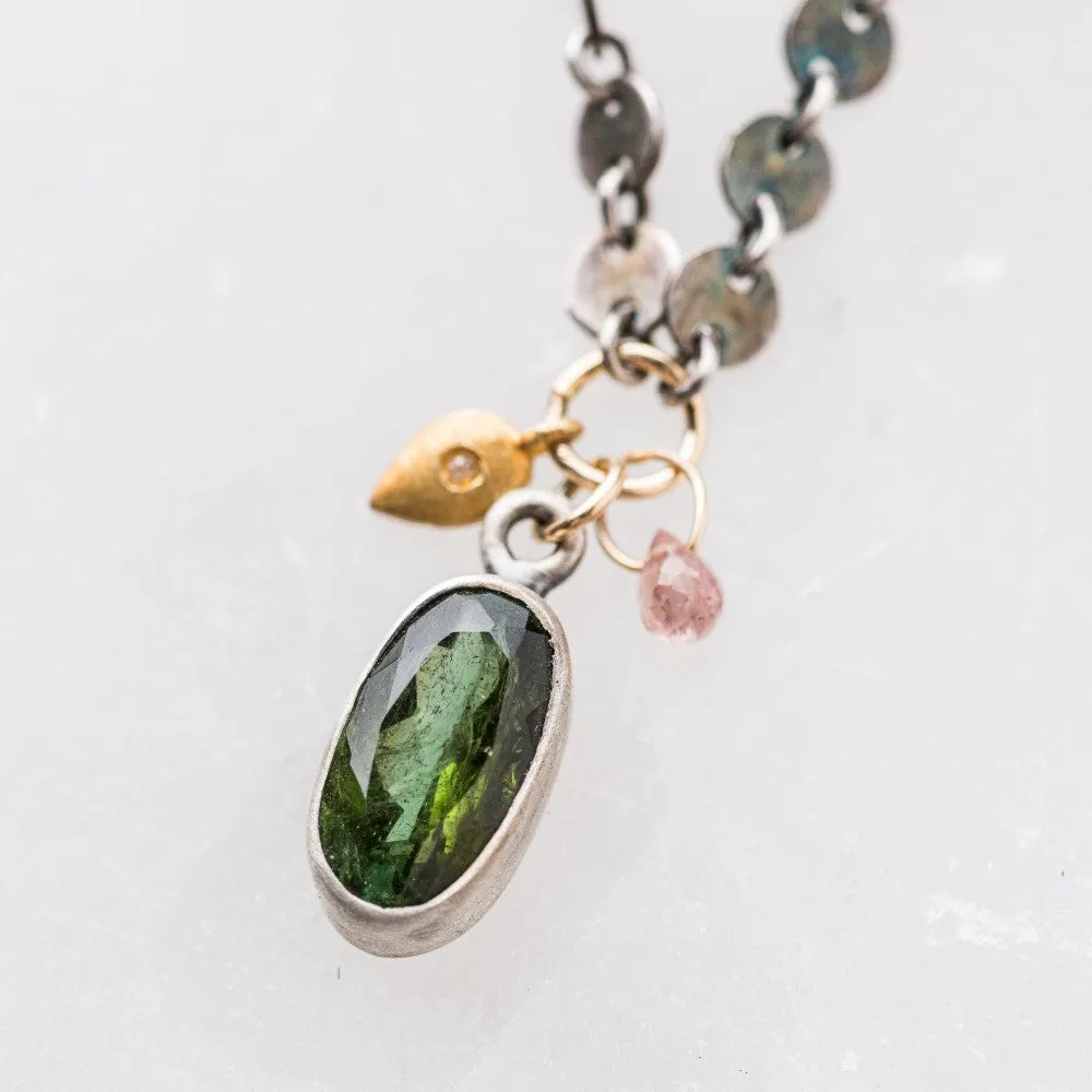 Green Tourmaline Oval Necklace with Diamond and Sapphire