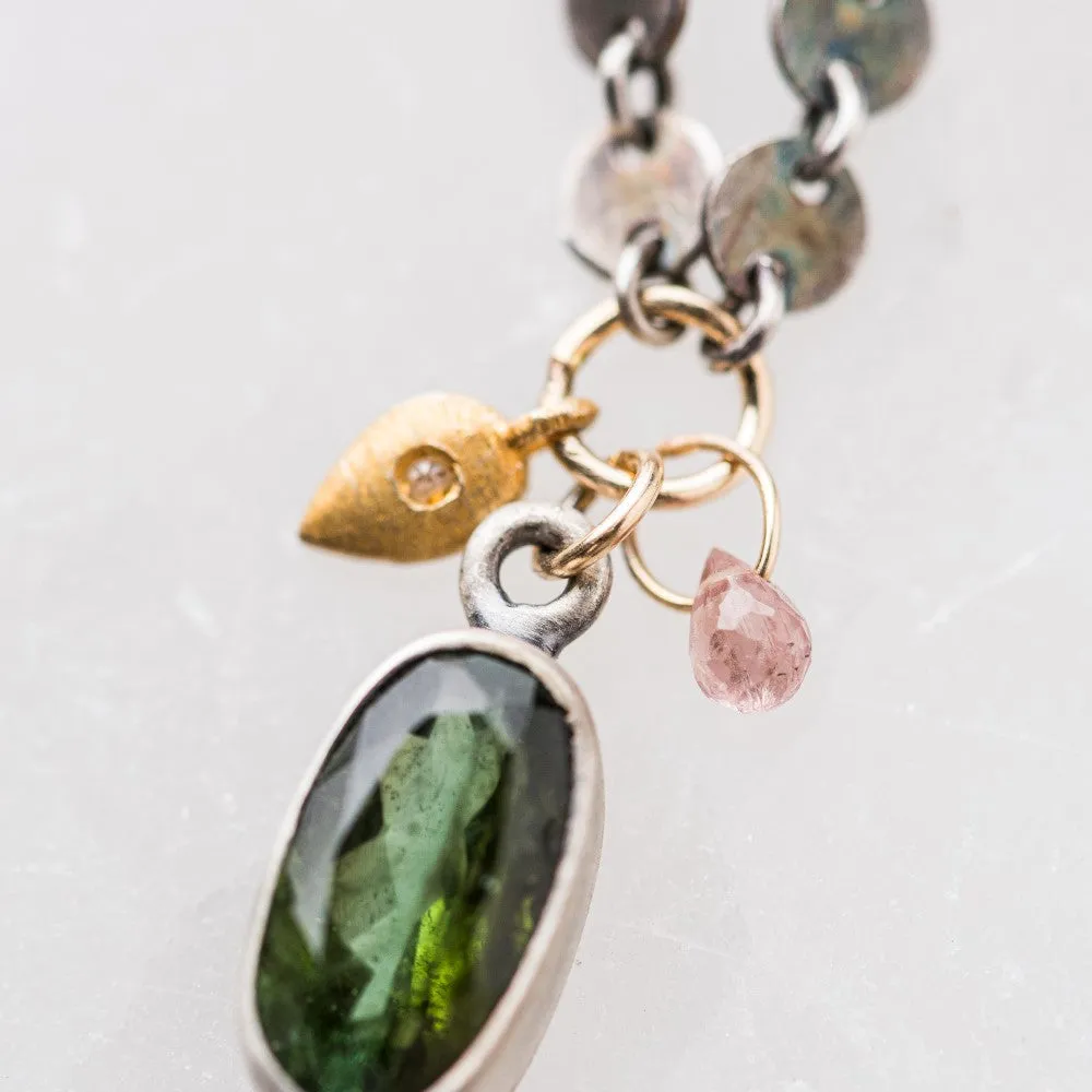 Green Tourmaline Oval Necklace with Diamond and Sapphire