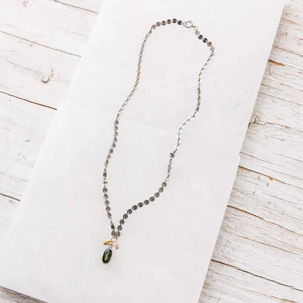 Green Tourmaline Oval Necklace with Diamond and Sapphire