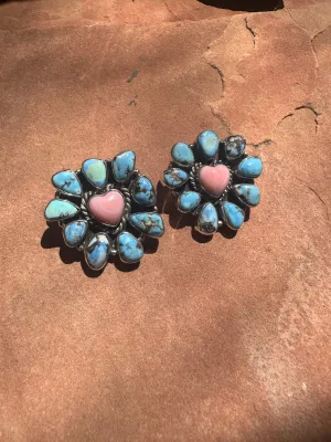 Handmade Natural Golden Hills Turquoise, Pink Conch and Sterling Silver Earring