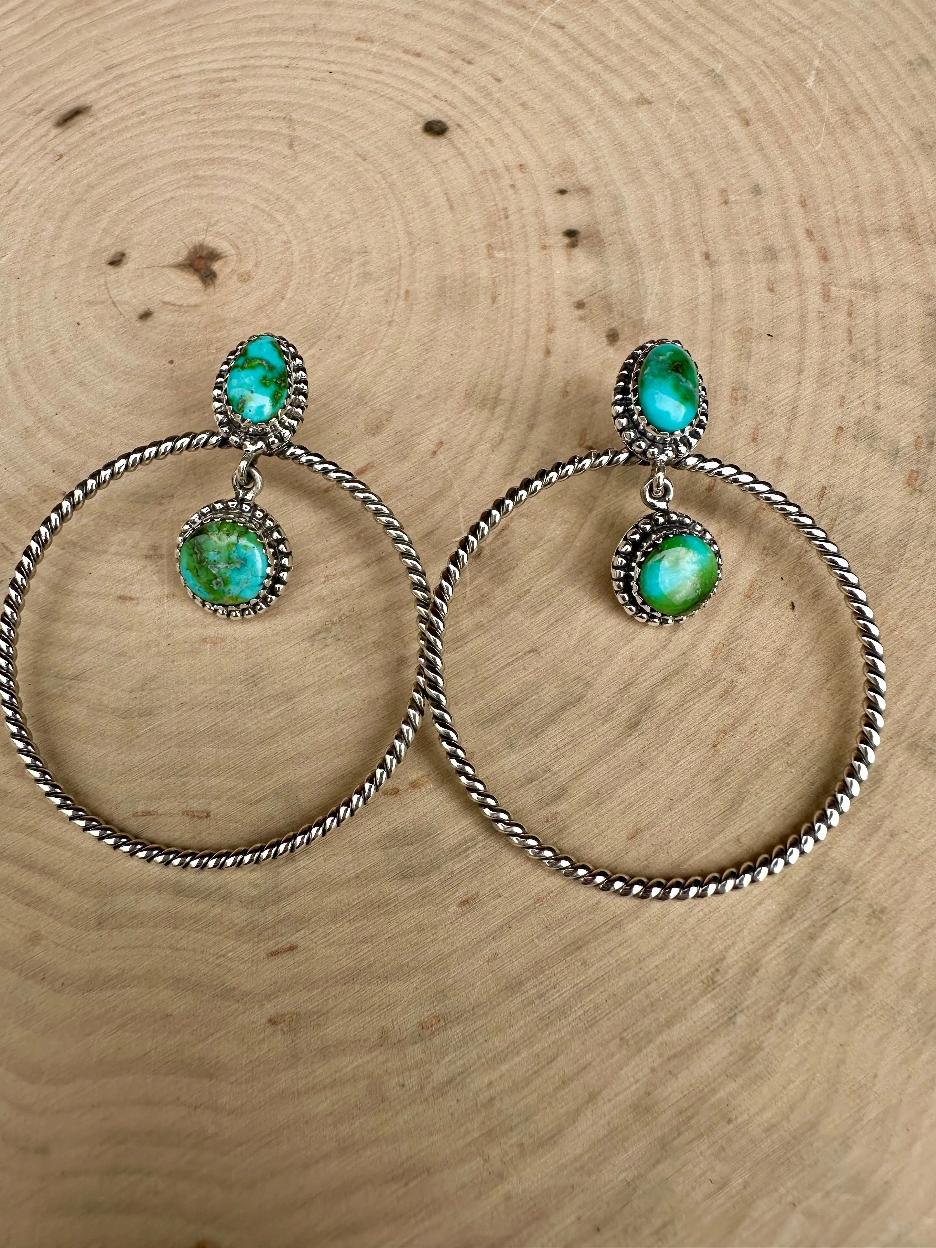 Handmade Sonoran Gold Turquoise and Sterling Silver Hoop Earrings MORE BLUES