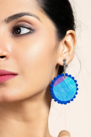 Handmade Turquoise Blue and Pink Fabric Earrings with Oxidized Stud, Unique Cotton & German Silver Jewelry