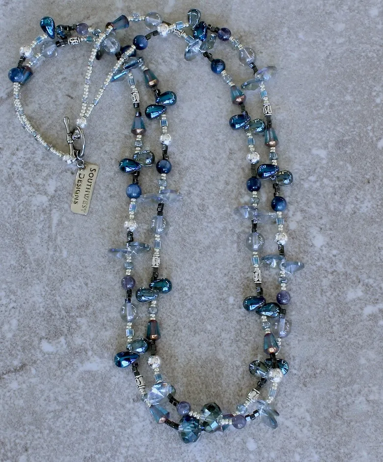 Kyanite, Iolite and Czech Glass 2-Strand Necklace with Sterling Silver Beads & Toggle Clasp