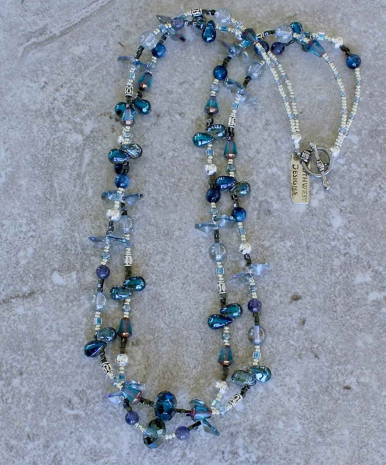 Kyanite, Iolite and Czech Glass 2-Strand Necklace with Sterling Silver Beads & Toggle Clasp