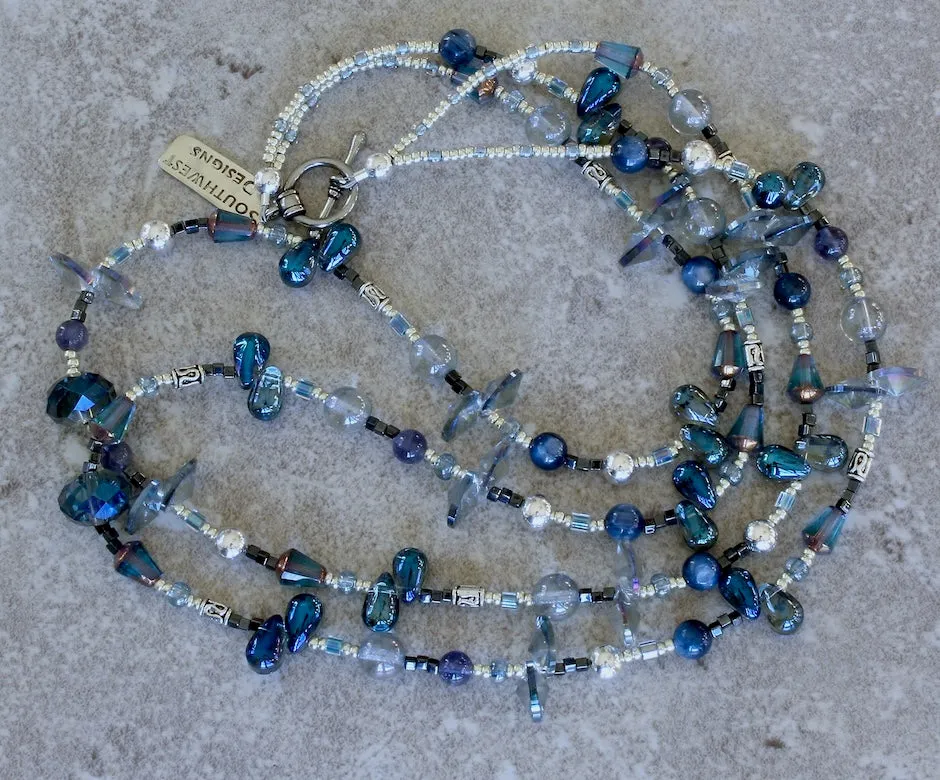 Kyanite, Iolite and Czech Glass 2-Strand Necklace with Sterling Silver Beads & Toggle Clasp