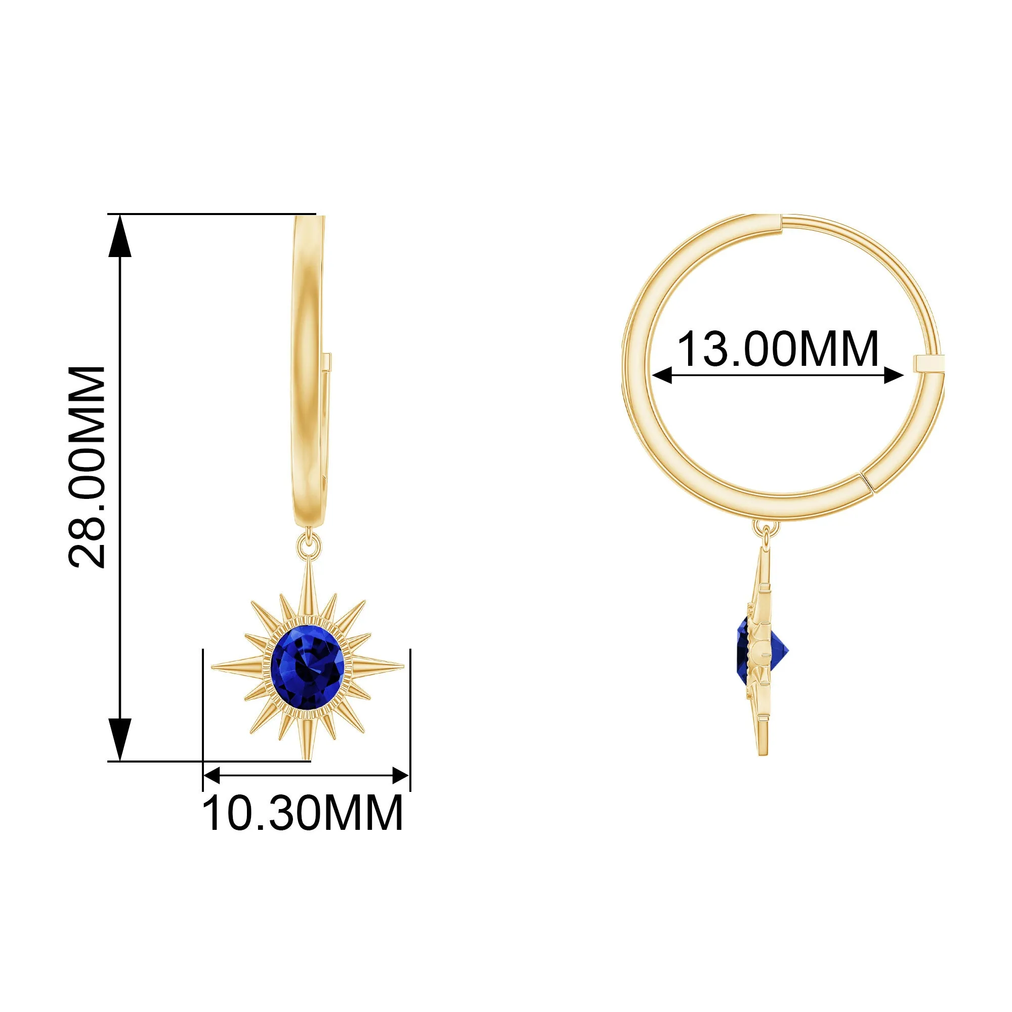 Lab Created Blue Sapphire Gold Sunburst Hoop Drop Earrings