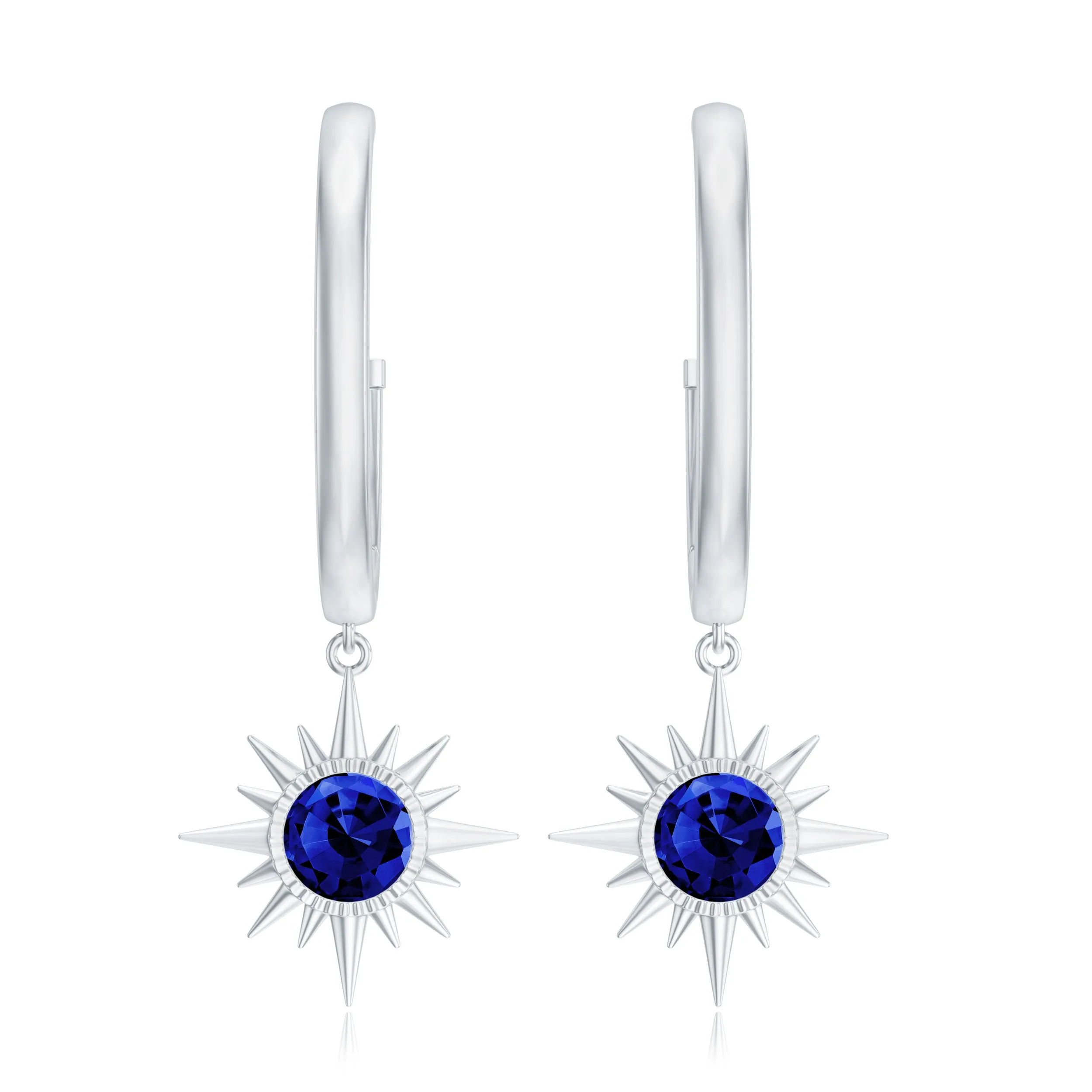 Lab Created Blue Sapphire Gold Sunburst Hoop Drop Earrings