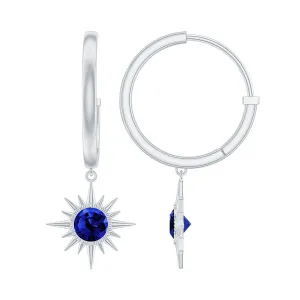 Lab Created Blue Sapphire Gold Sunburst Hoop Drop Earrings